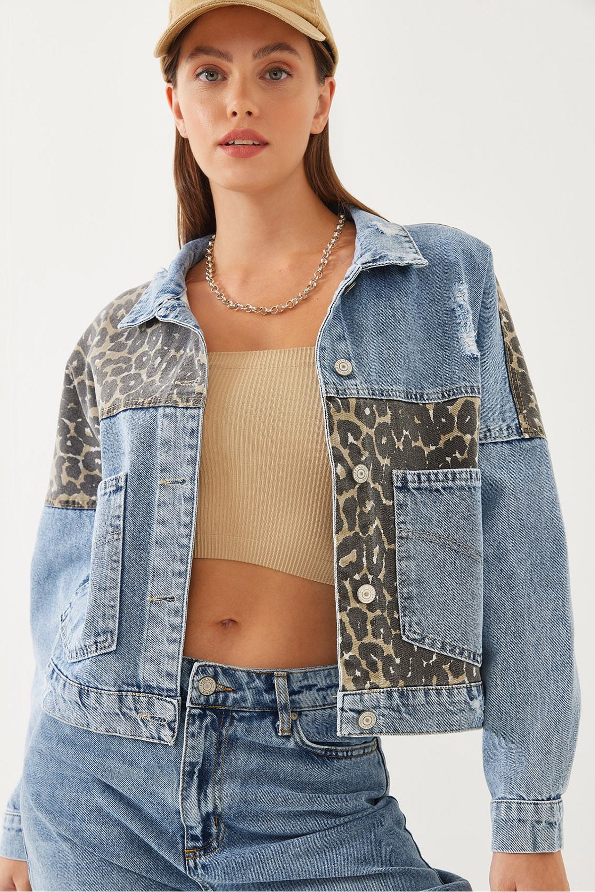 Women's leopard detailed denim jacket 60351014