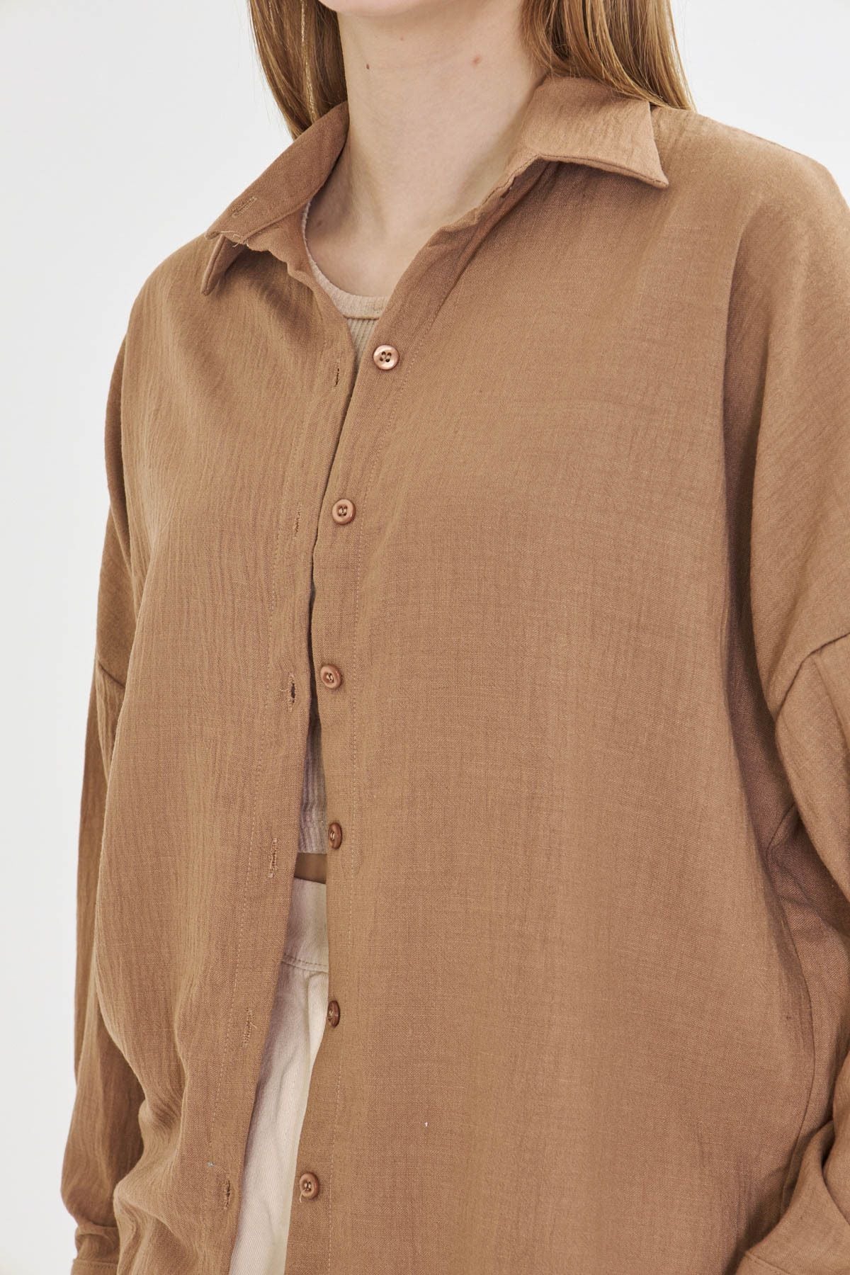 Woman Light Coffee Oversize Fined Linen-looking large cuff shirt ARM-24K001001