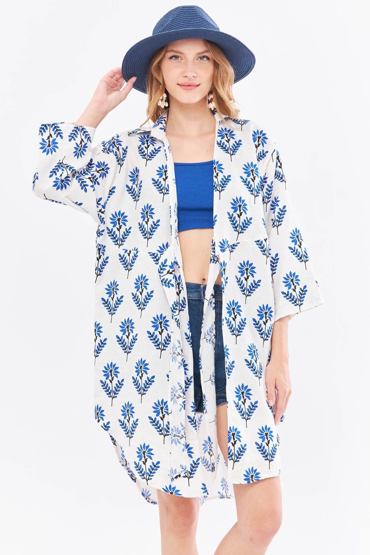 Kadın Saks Keten Görünümlü Desenli Önden Bağlamalı Midi Boy Kimono Gömlek ARM-24Y001096