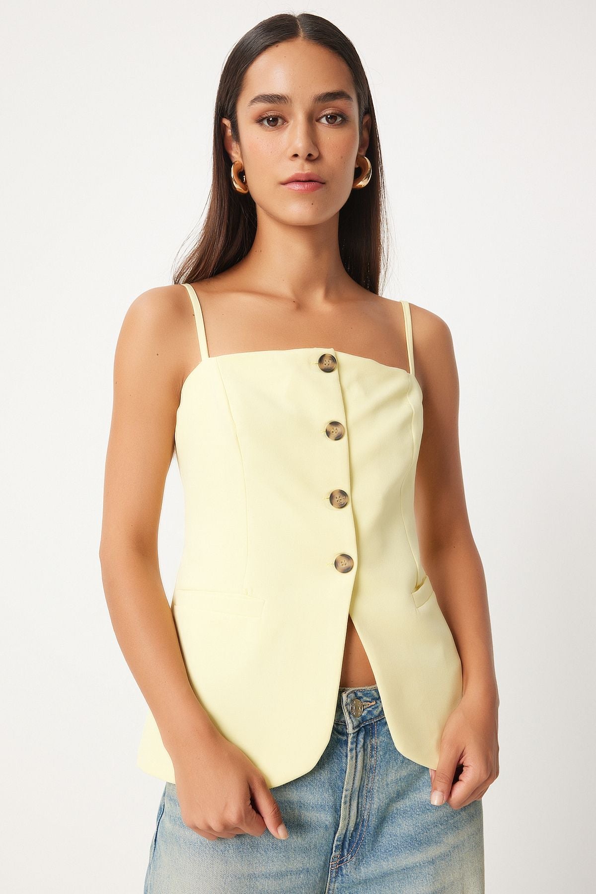 Woman Light Yellow Hanger Woven Vest Lv00003