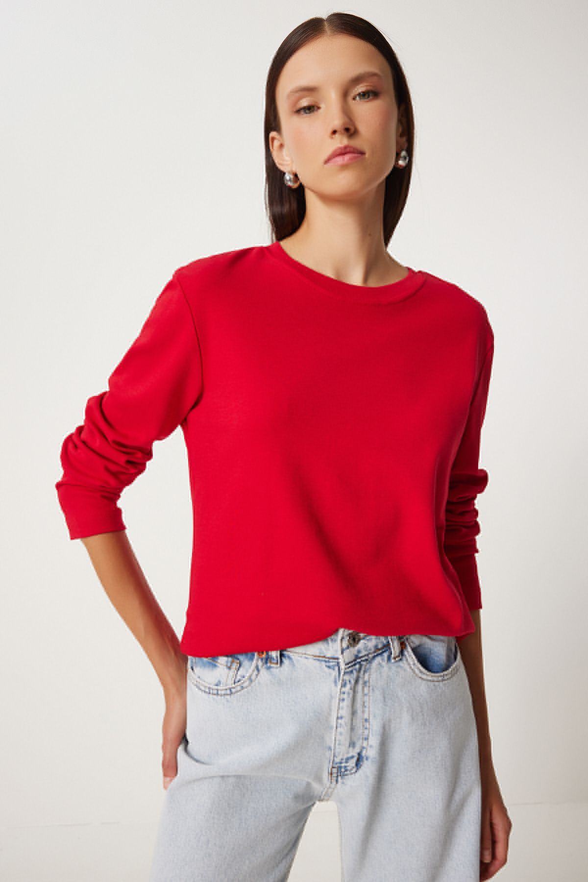 Woman Red Cotton Basic Knitting Blouse NJ00155