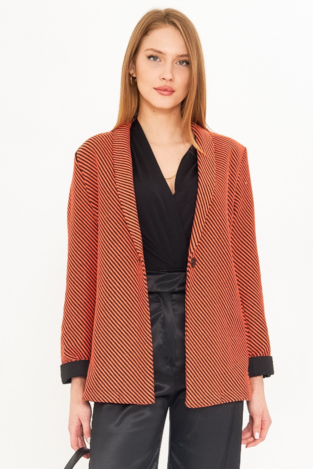Women's Orange striped arm folded single button stamp jacket ARM-25K001106