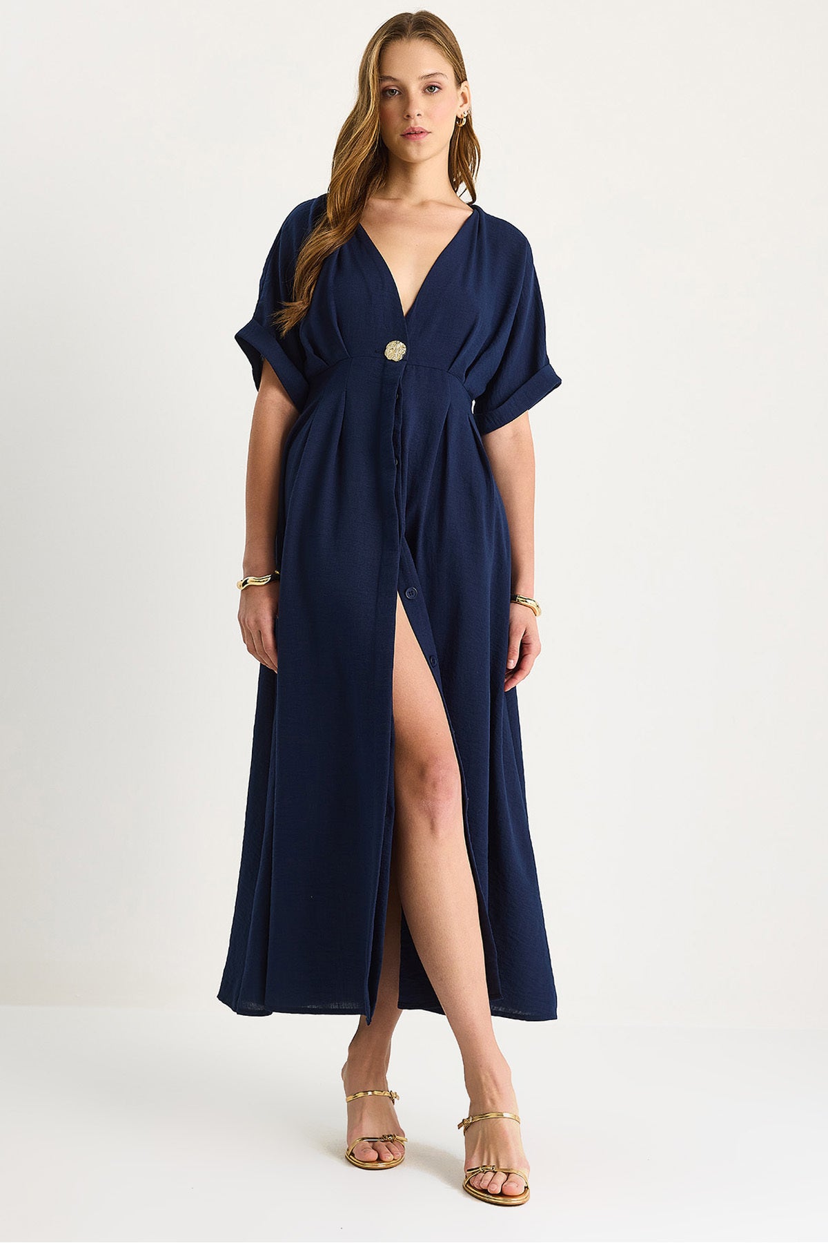 Women's V-Neck Gold Button Detailed Linen Dress 5266 60281107