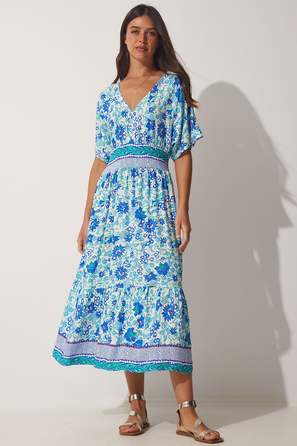 Women's Blue V -Neck Floral Summer Viscose Dress HF00435