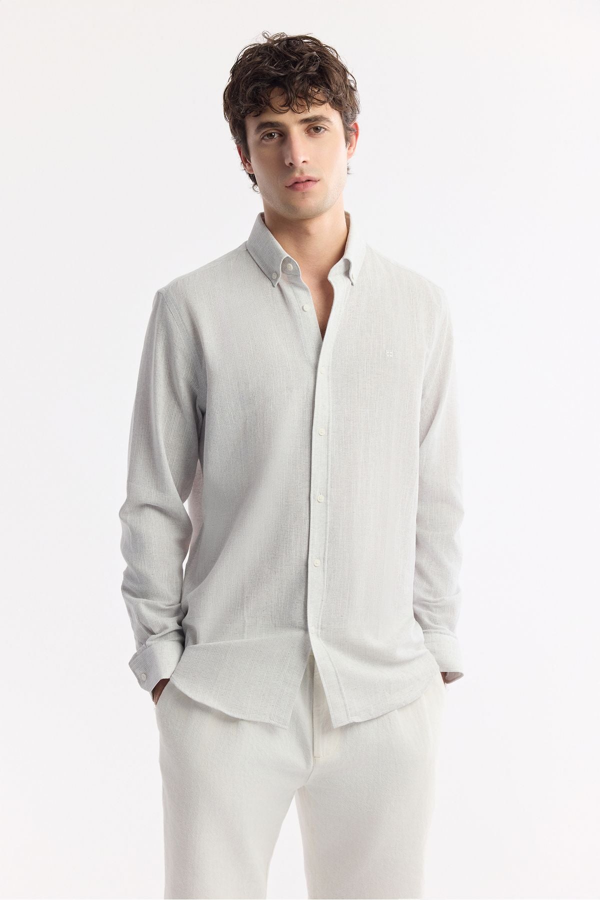 Men's light gray button collar cotton textured regular fit shirt A51y2130