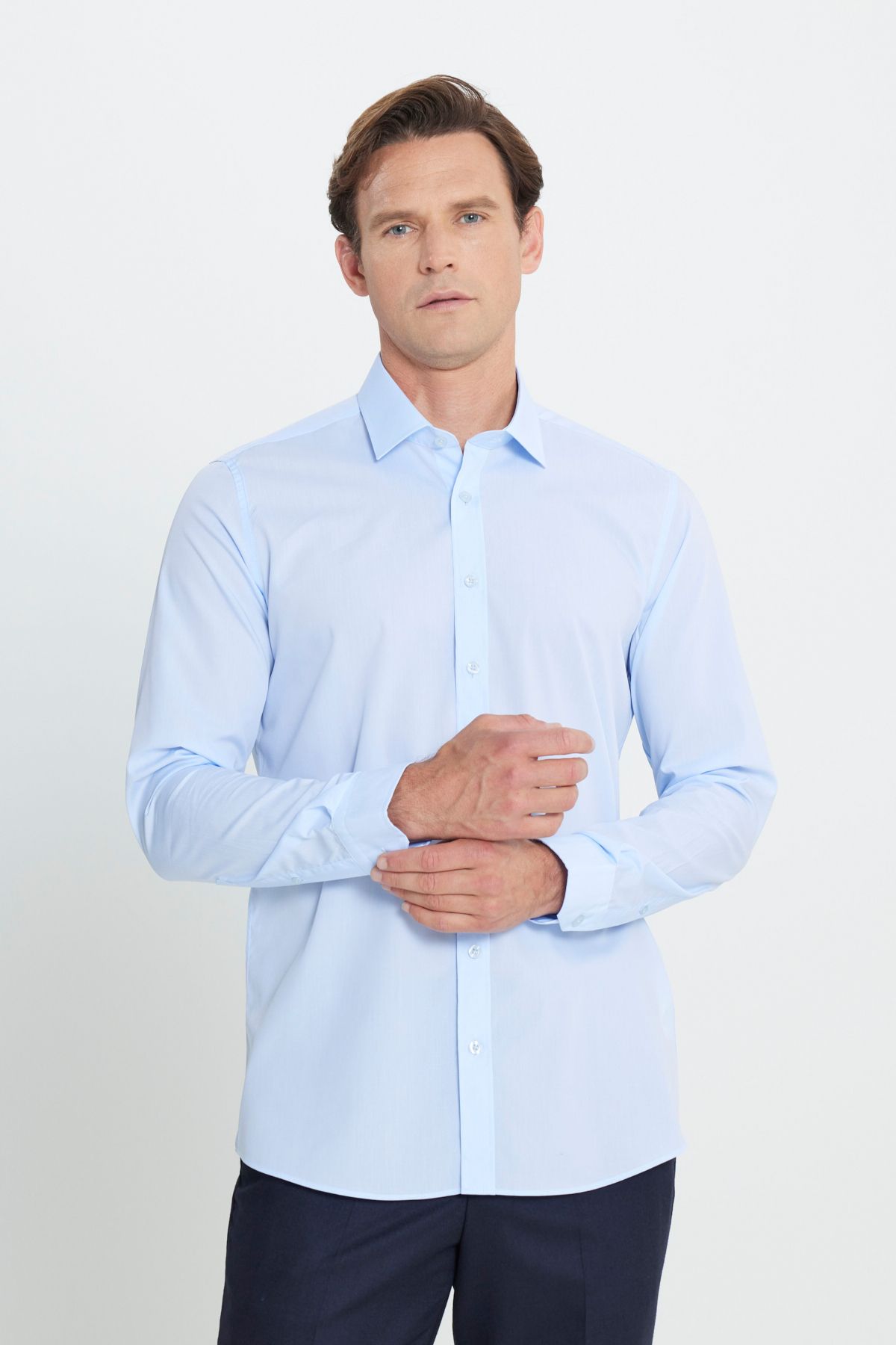 Men's light blue water and stain repulsine nano 100 %cotton slim fit narrow cut classic collar shirt