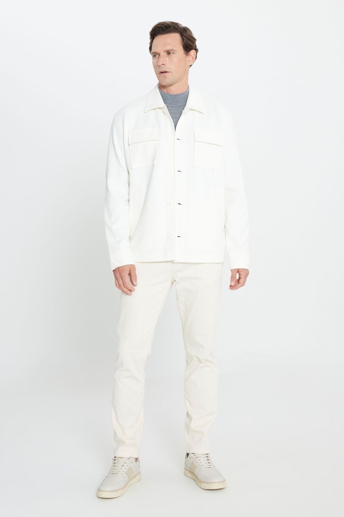 Men's Ecru Oversizte Fit Plenty Classic Collar Cotton Patterned Shirt Jacket