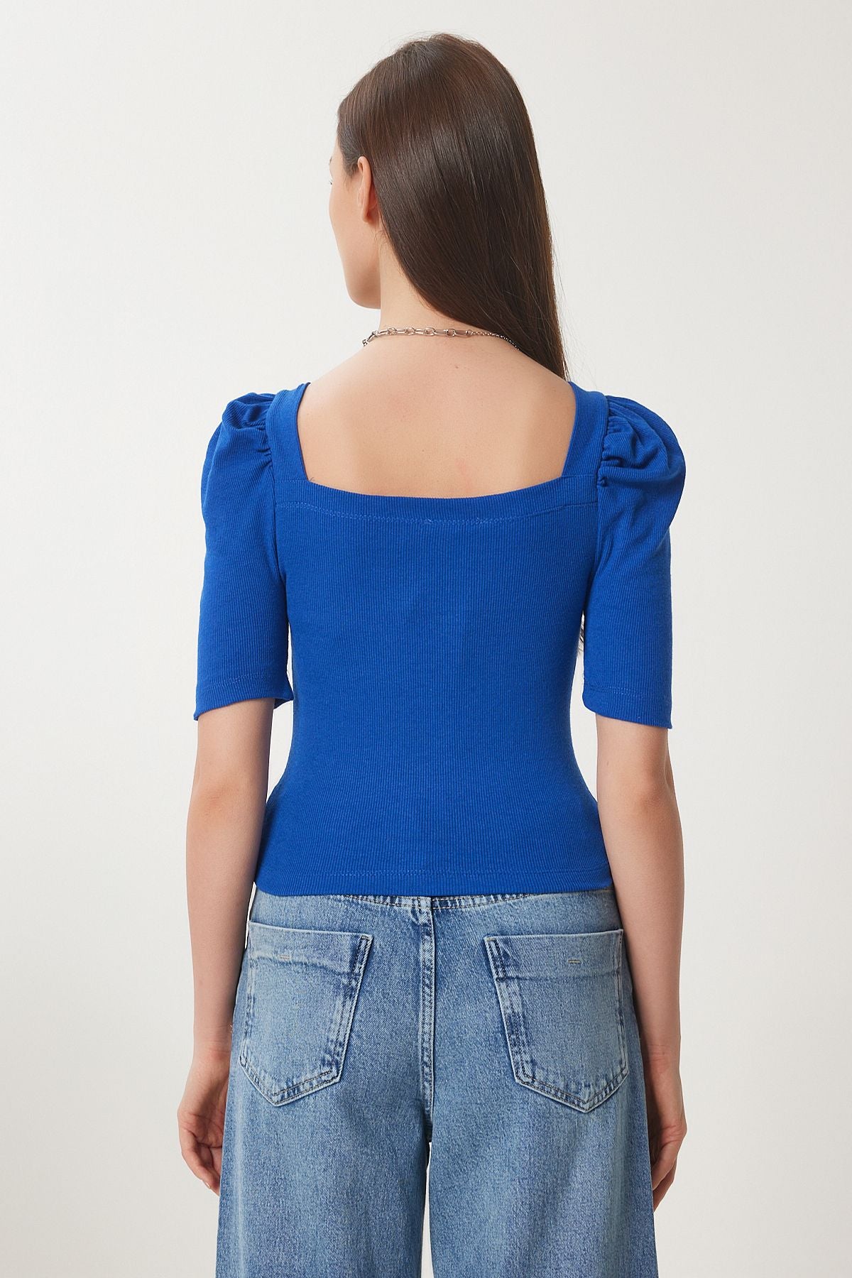 Woman Dark Blue Square Collar Crop Blouse GT00007