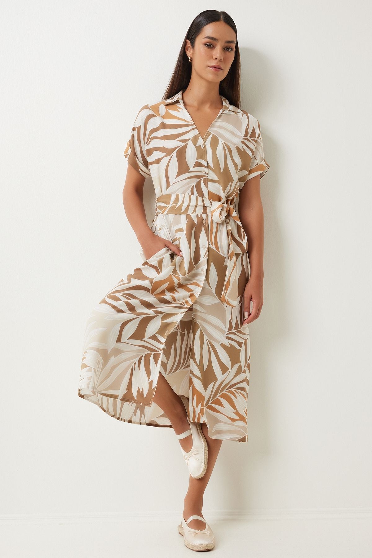 Female Biscuit Cream Patterned Born Viscose Shirt Dress DD01331