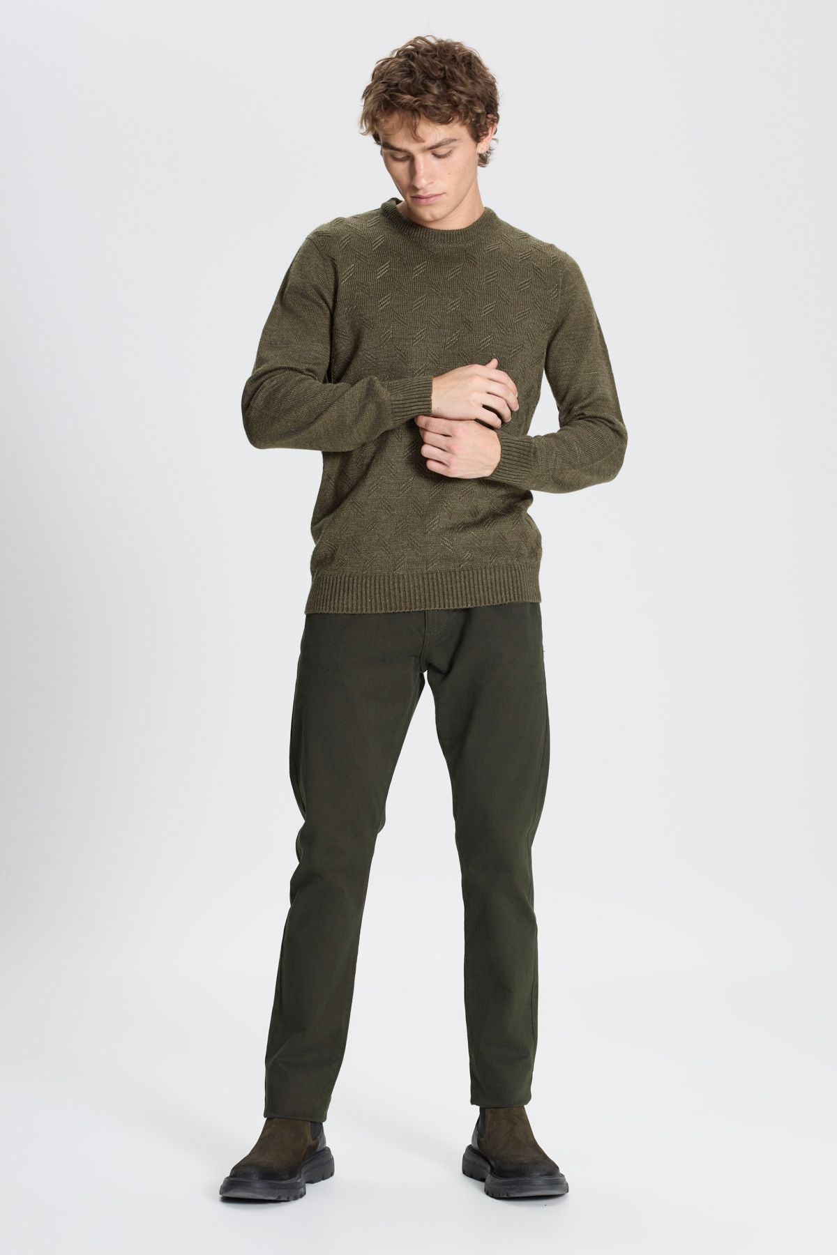 Men's Khaki Standard Fit Normal Cut Bicycle Yaka Jacquard Knitwear Sweater