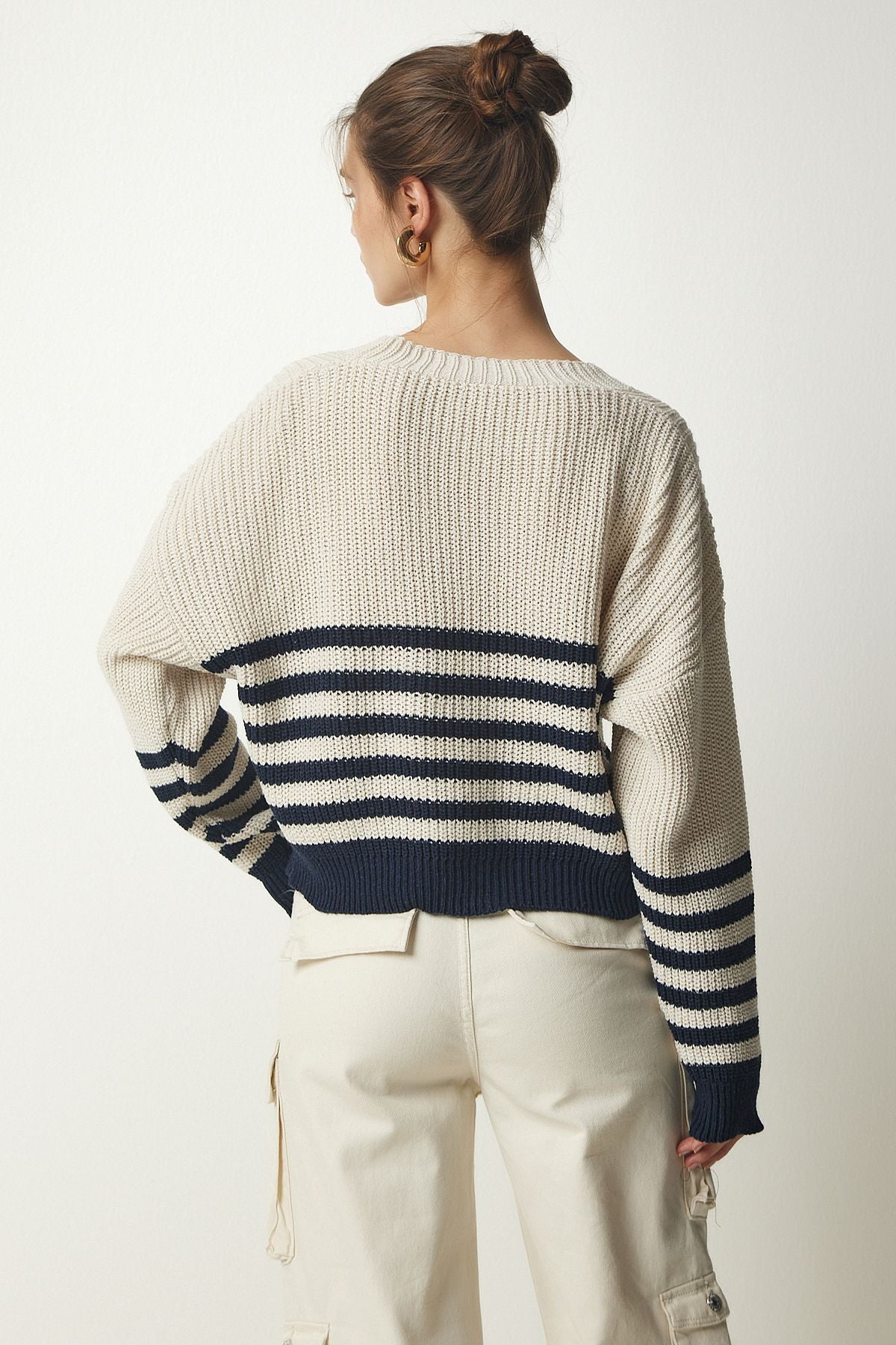 Woman Beige Navy blue striped knitwear cardigan MC00237