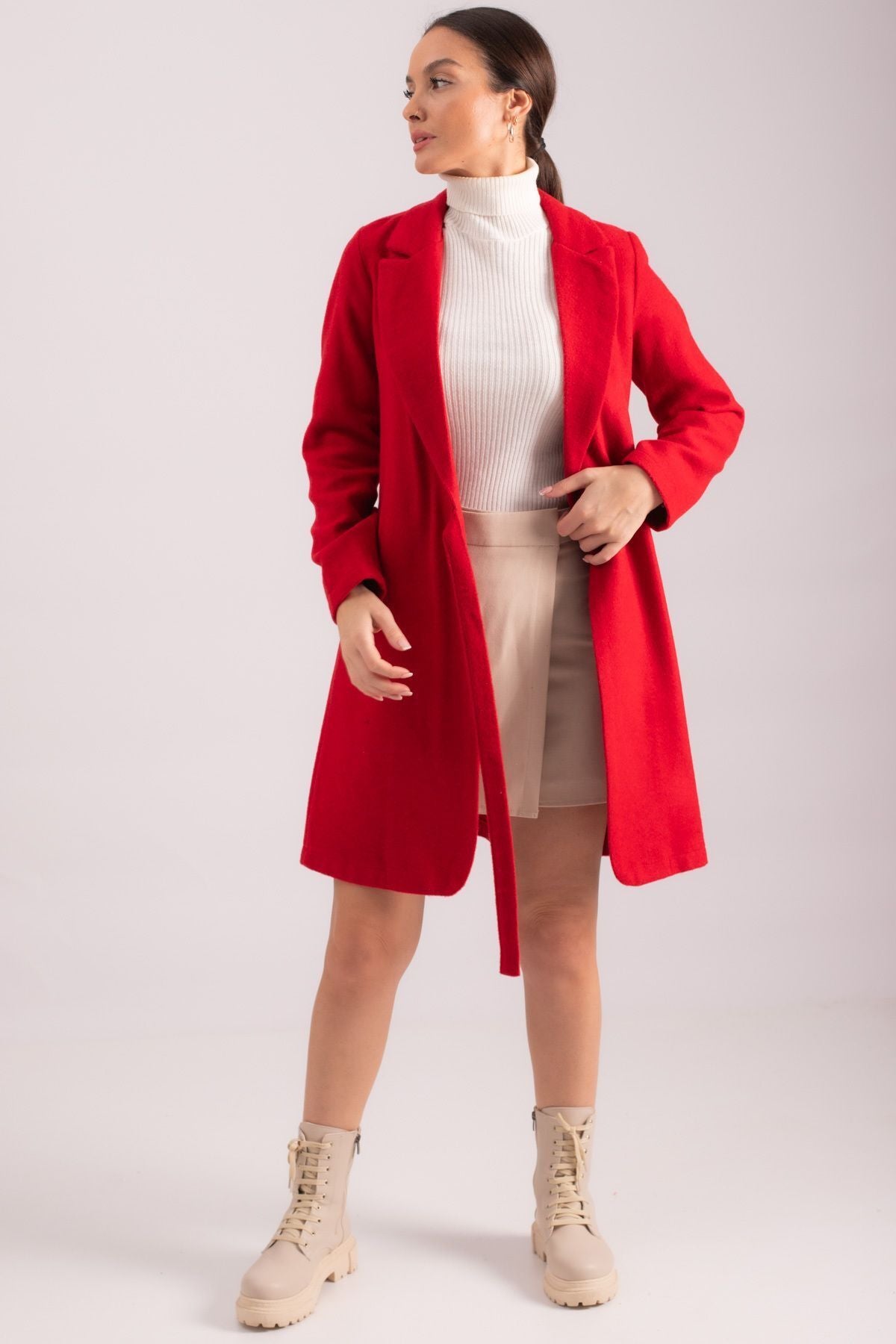 Woman Red Side Ties Long Stamp Coat ARM-24K001068