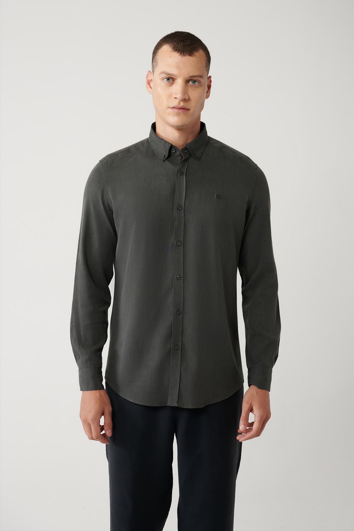 Anthracite button collar comfort fit Tensel shirt B002001