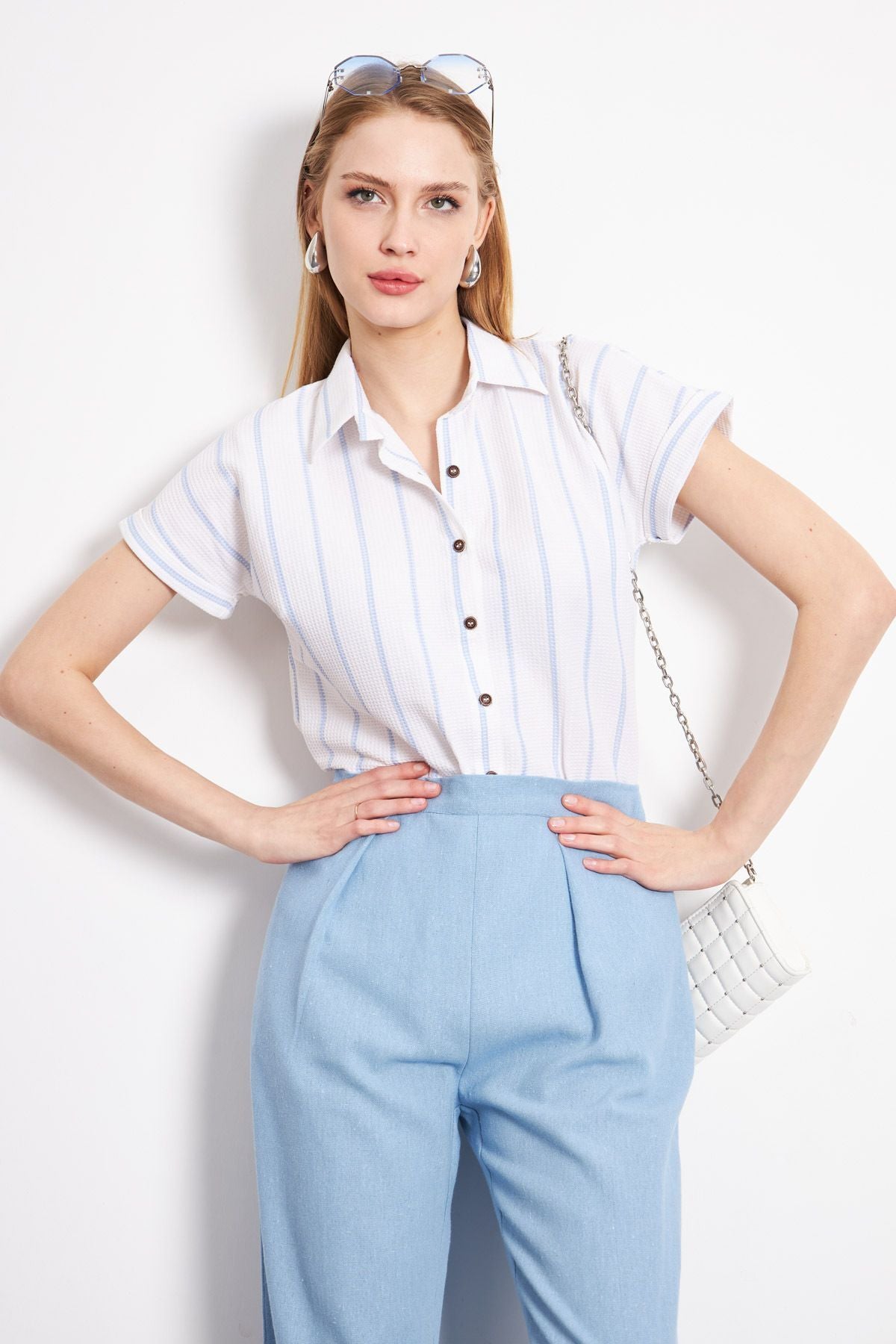 Woman Baby Blue Striped Short Sleeve Shirt ARM-24Y001067