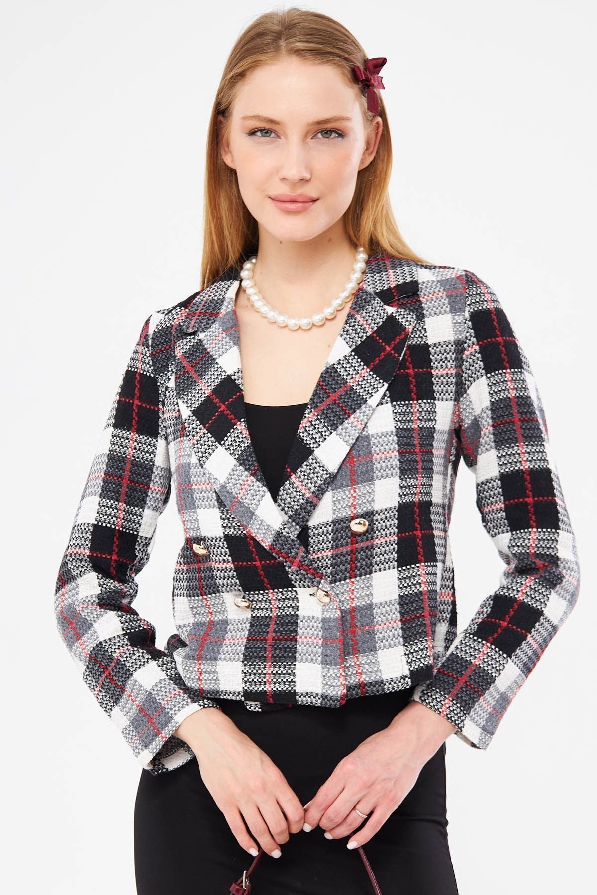 Woman Red-Black Cruve Yaka Tüvit Crop Jacket ARM-24K001014