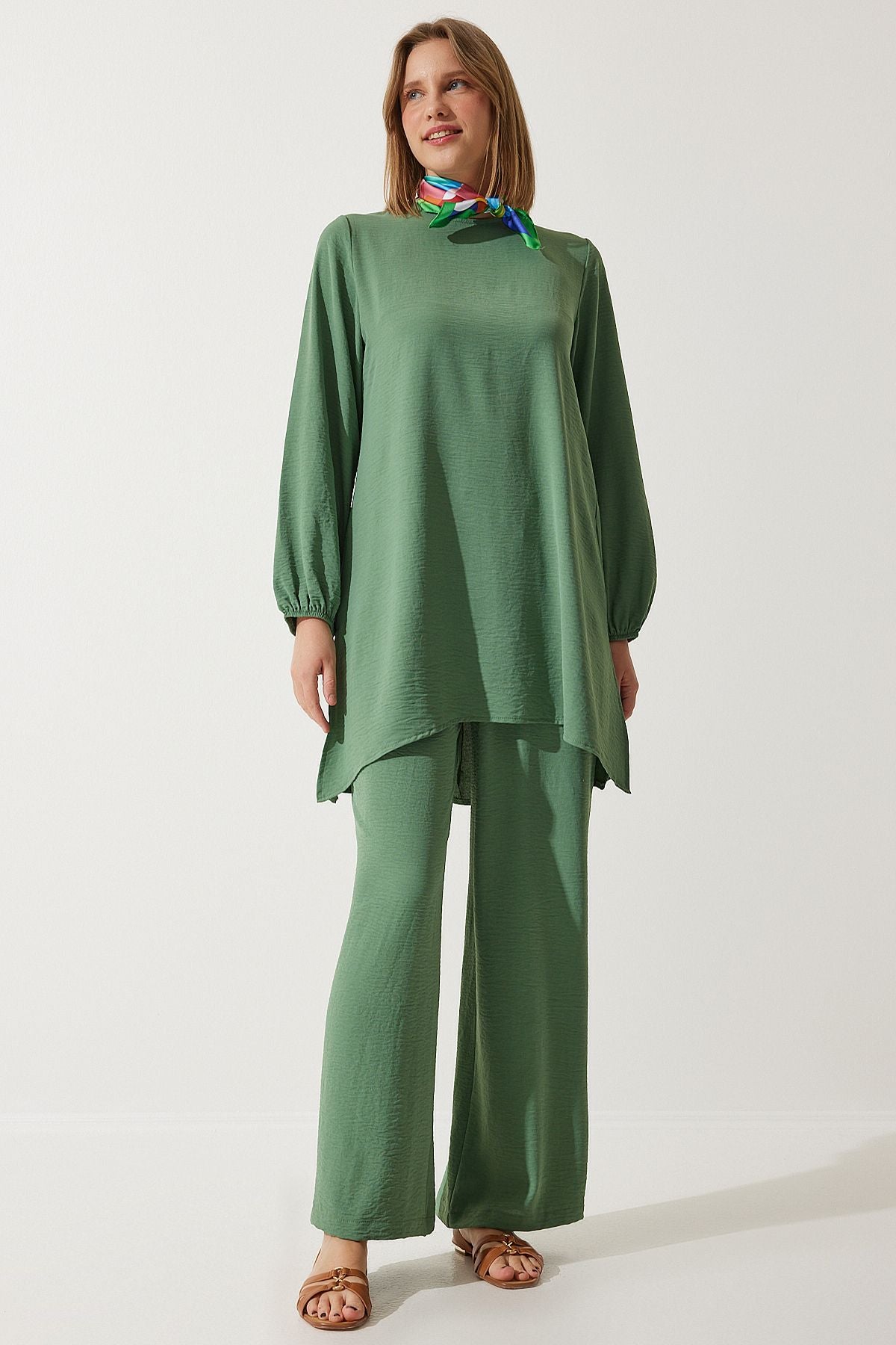 Female Green Duped Tunic Palazzo Knitting Set to00133