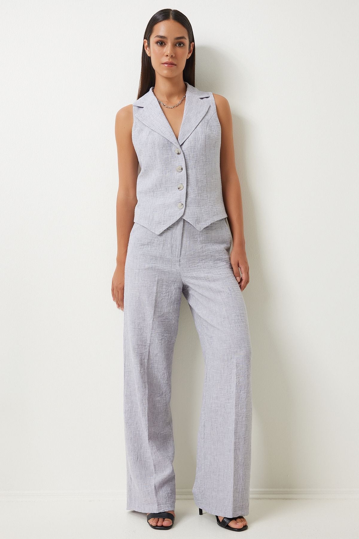 Women's Gray Shawl Yaka Vest Pants Set FN03231