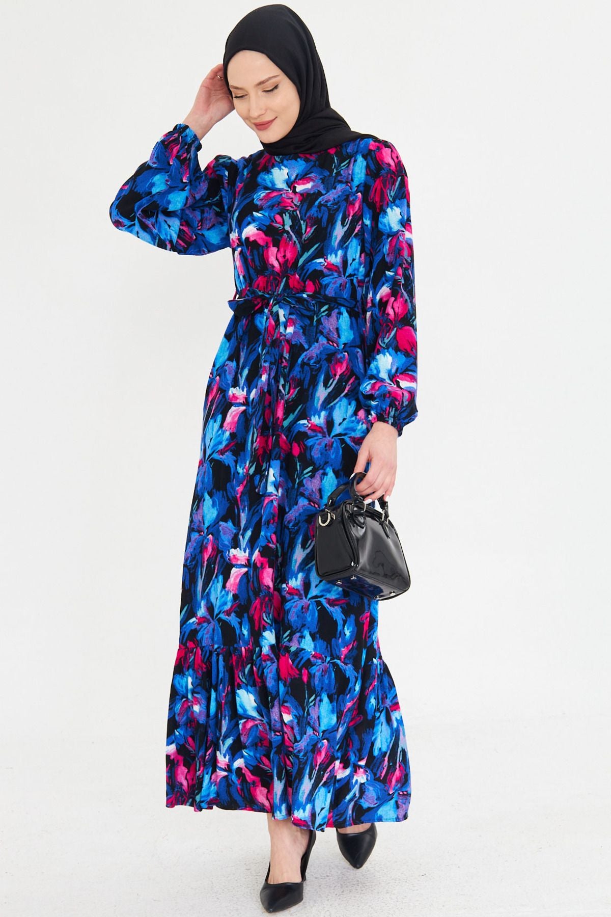 Women's Fuchsia zero collar behind the zipper skirt end with frilly belt long hijab dress ARM-25K001101