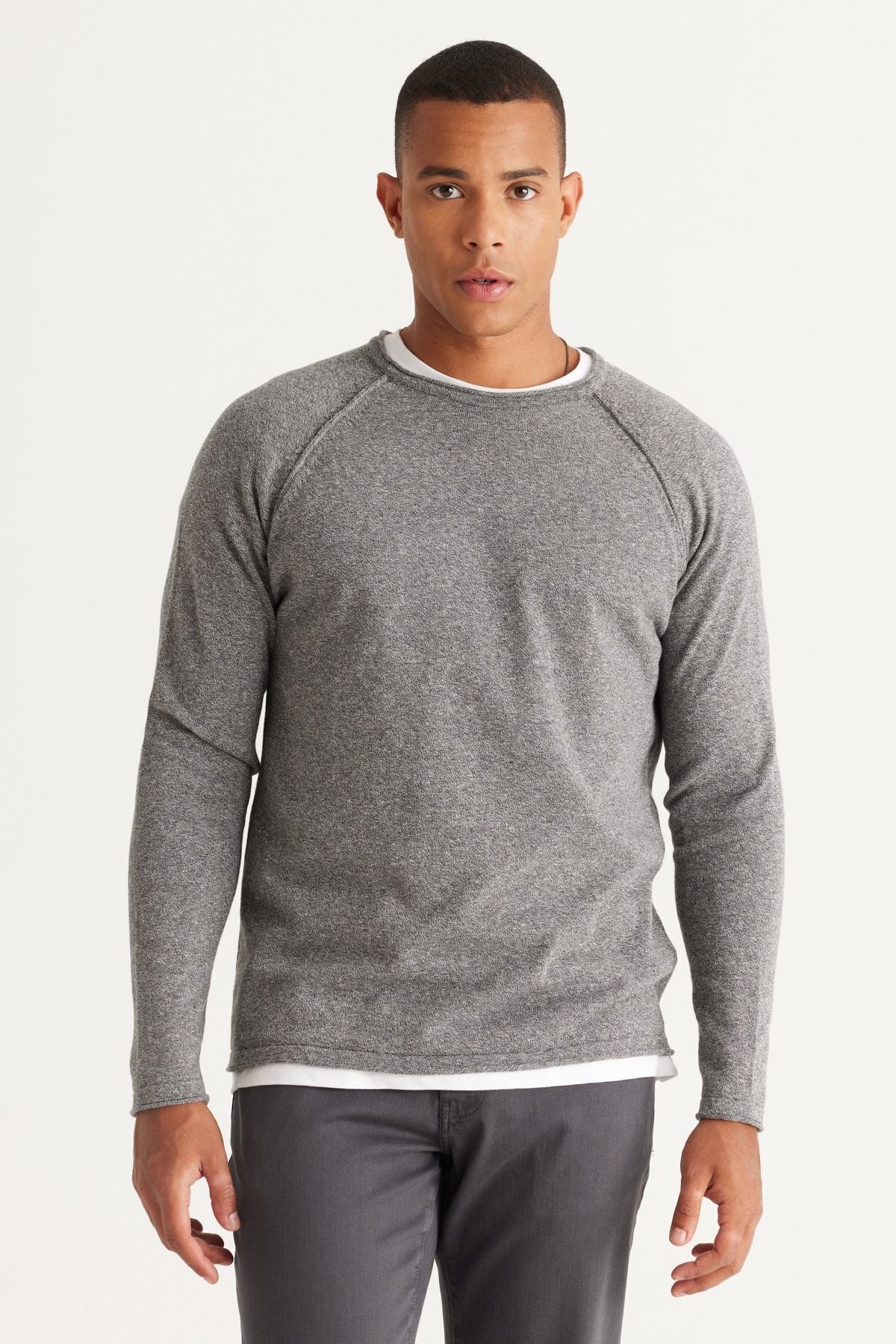 Men's Gray-Ekru Standard Fit Normal Normal Class Bike Cotton Muline Patterned Knitwear Kazakh