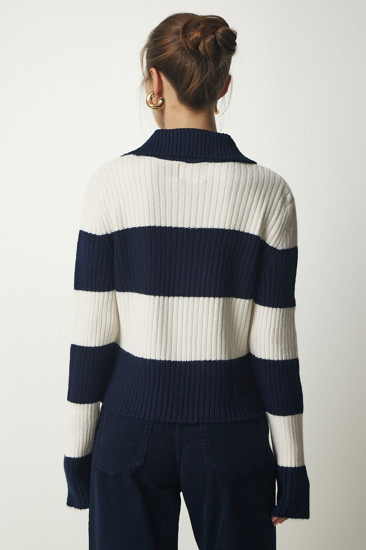 Woman Navy Blue Cream Polo Yaka button knitwear cardigan US00916