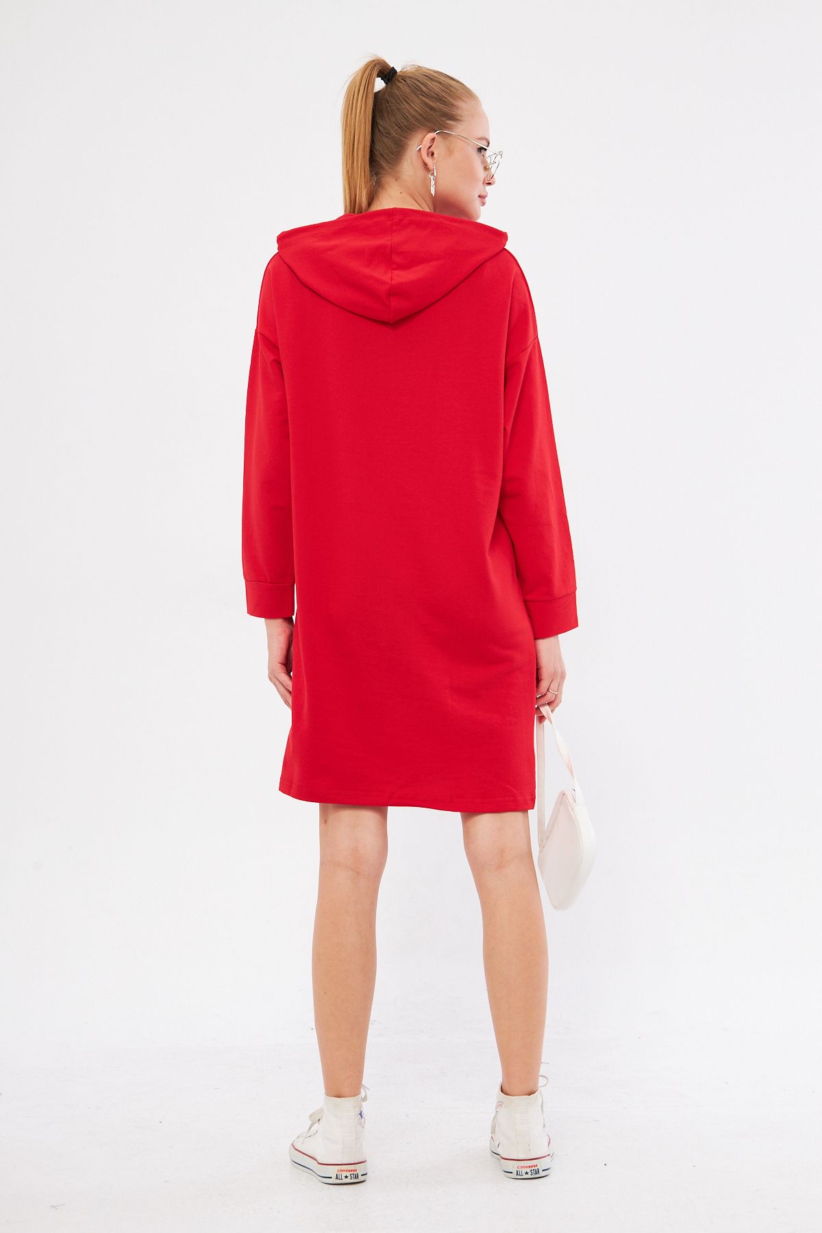 Women's Red Sleeve in front of the hooded hooded Tunic Sweatshirt ARM-25K001021