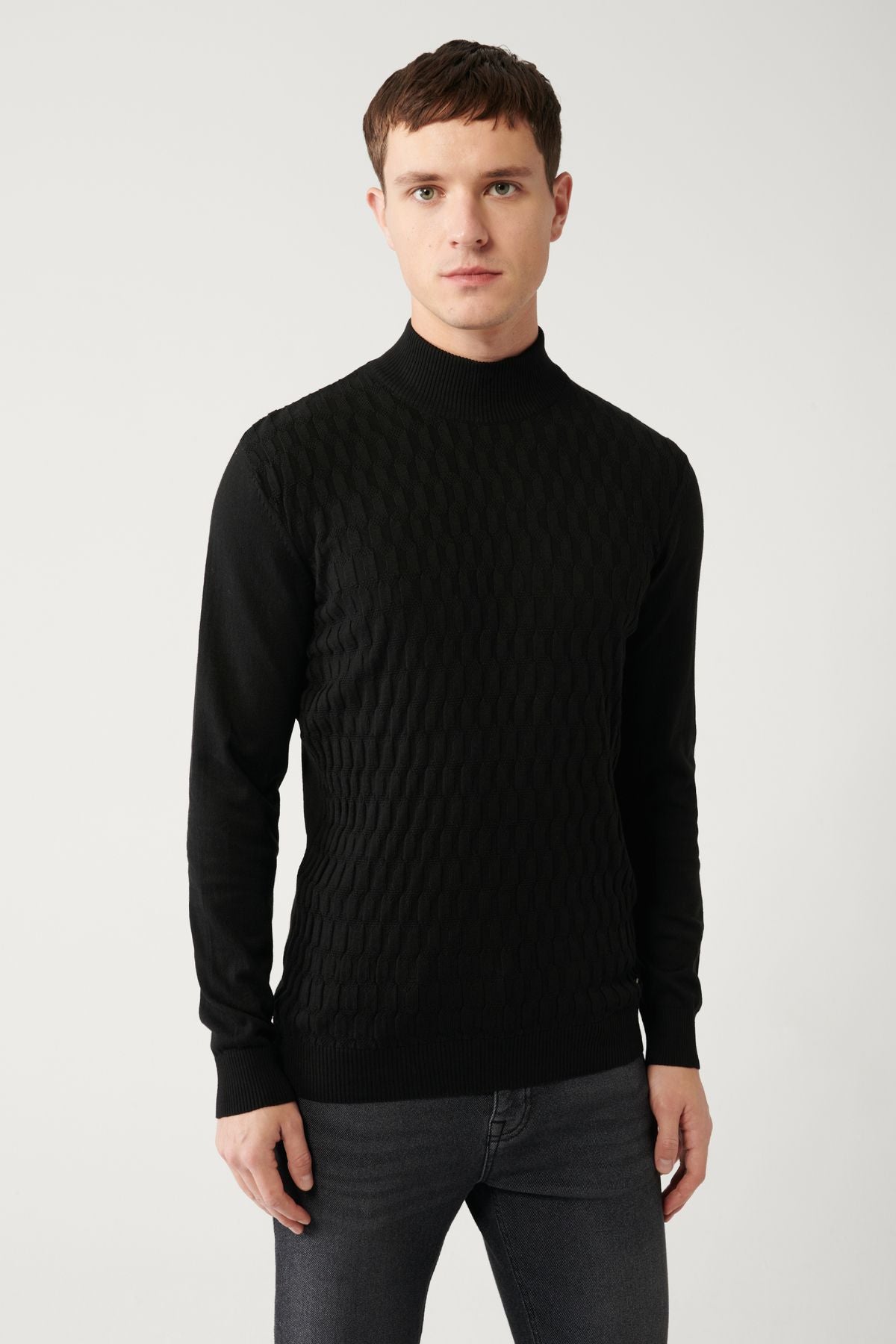 Men's black half fisherman collar cotton knitwear sweater E005106
