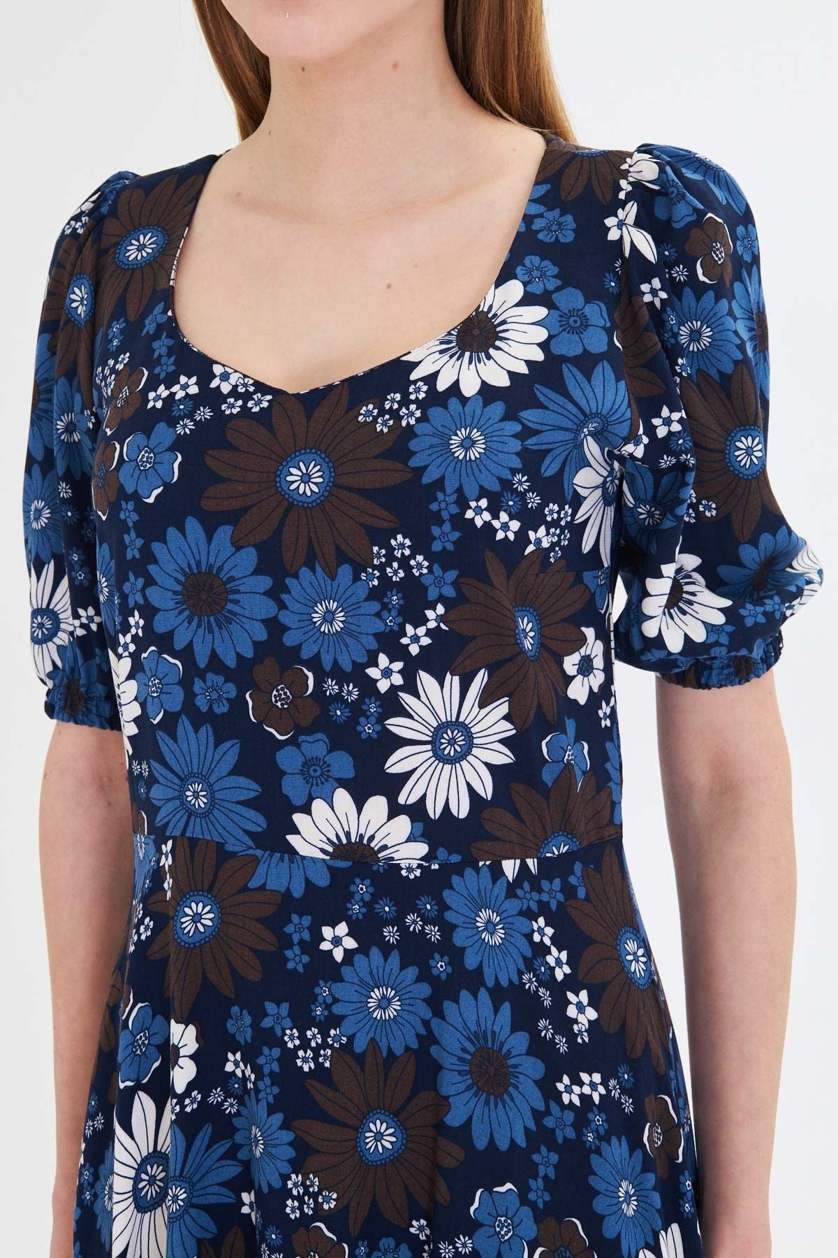 Women's Blue U Neck Arms with rubber midi height height dress ARM-25Y001004