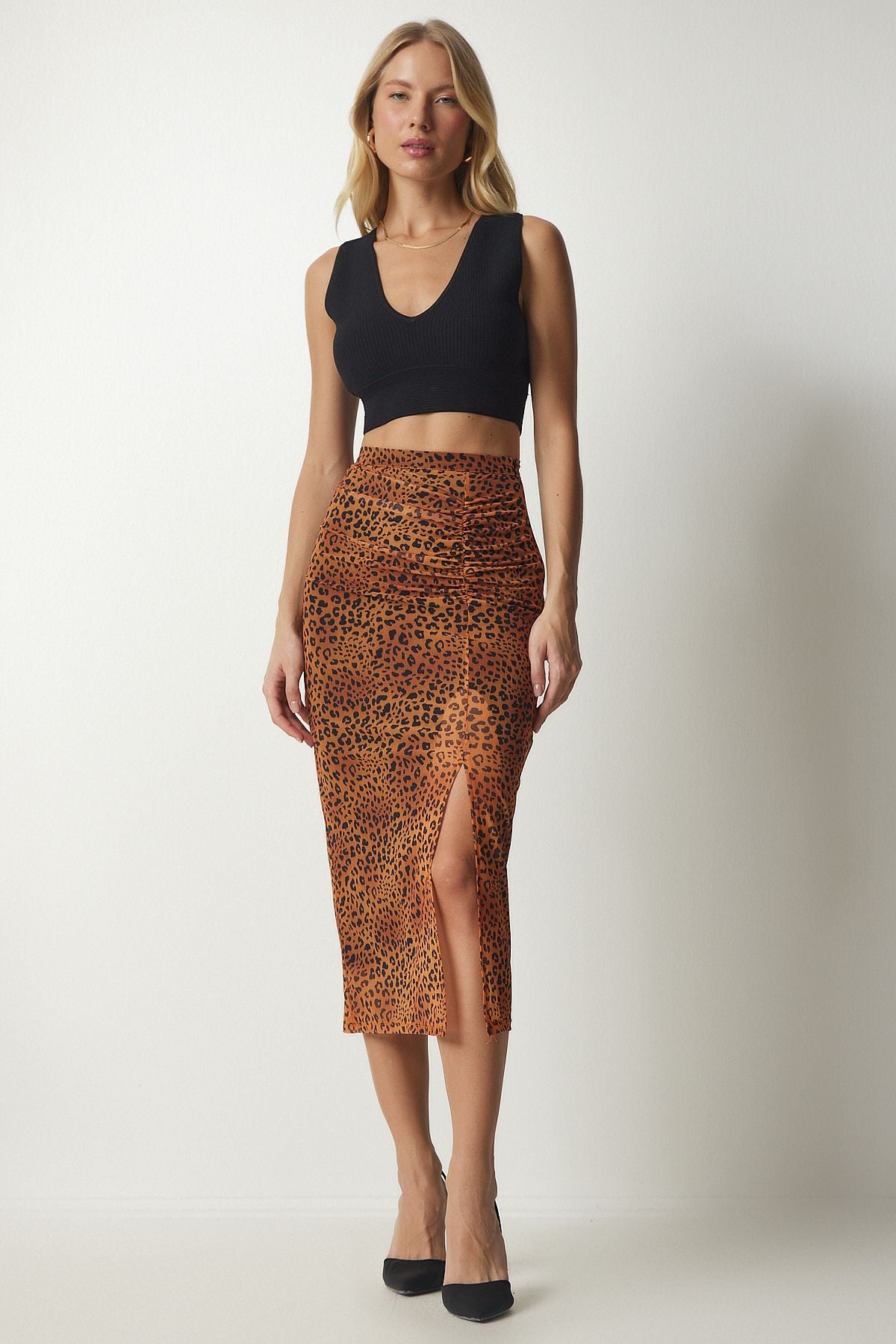 Woman Oranj Patterned Shirred Chiffon Skirt CR00420