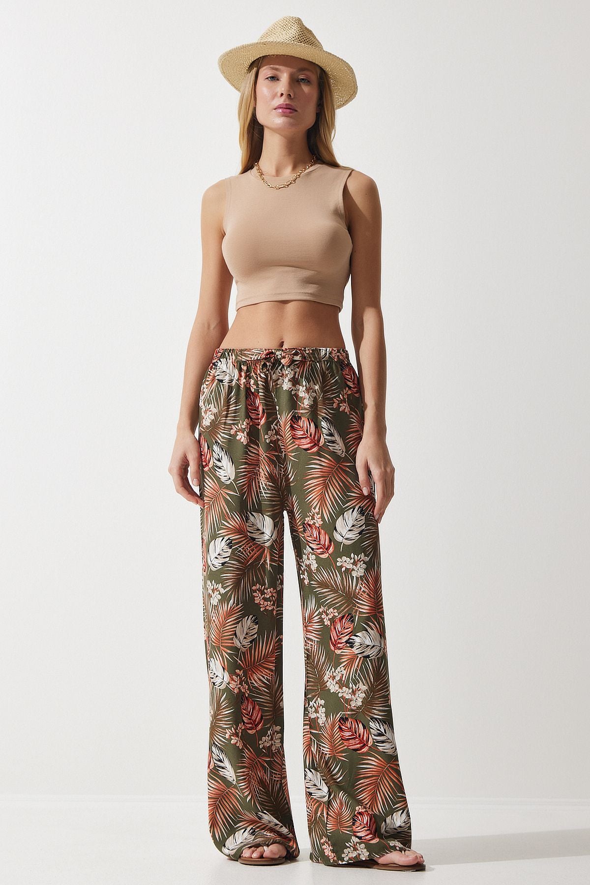 Female Khaki Tile Patterned Viscose Palazzo Pants EN00606