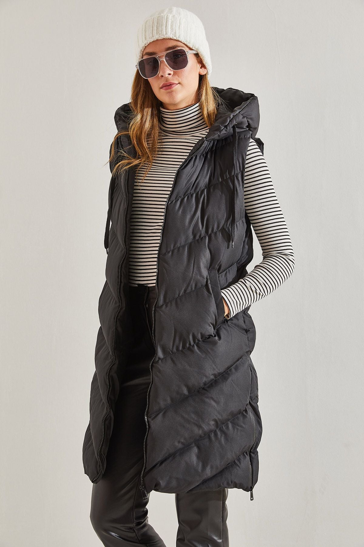 Women's sides Zippered Long Swelling Vest