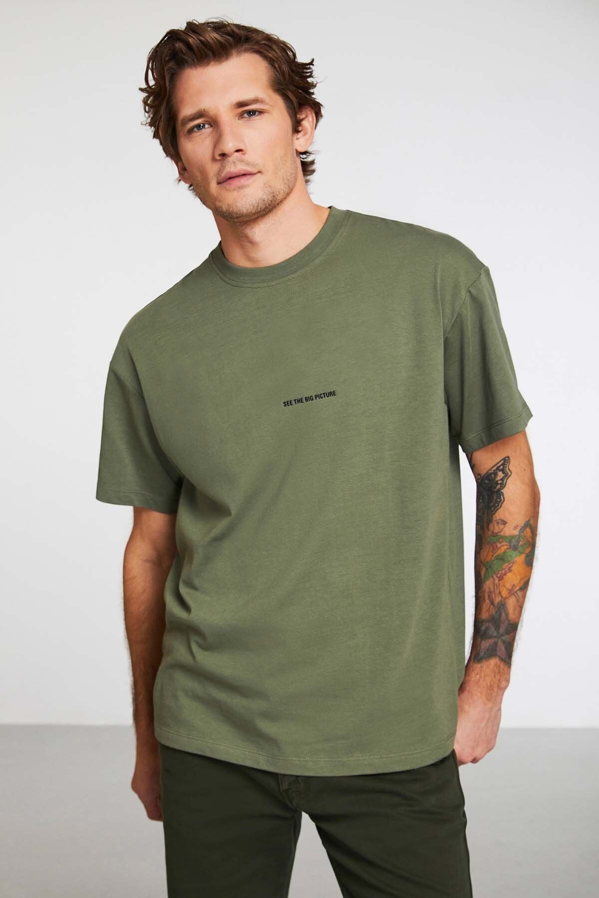 Rıver Men's Embroidery Oversizle 100 %Organic Cotton Knitting Khaki T-shirt