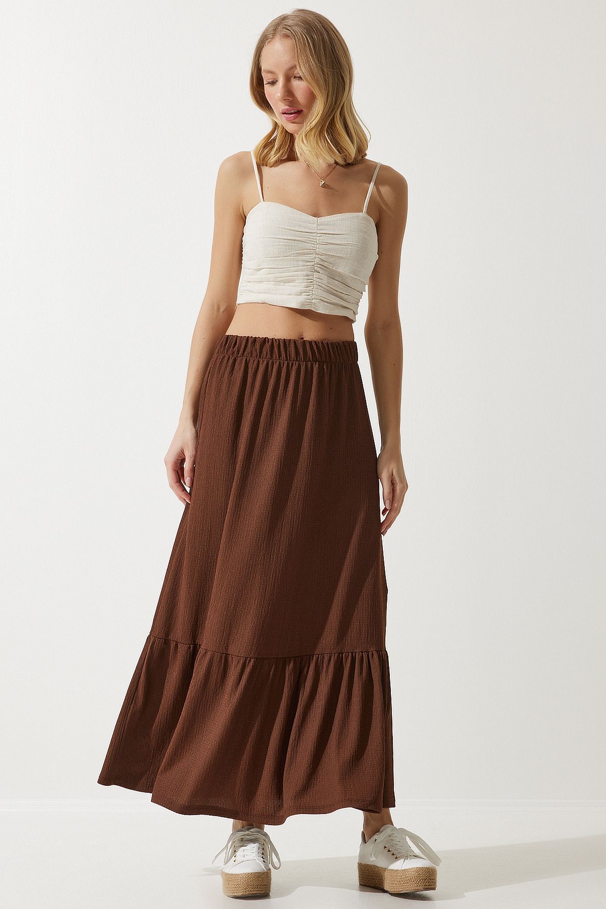 Female brown flywheel summer midi skirt DD01231