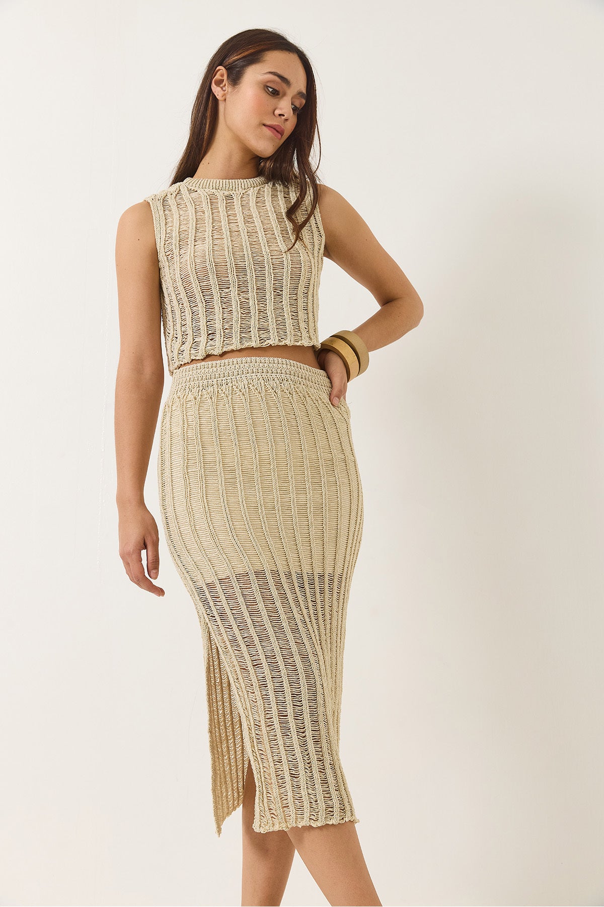 Women's Openwork Lined Slit Detailed Skirt Crop Metallic Glitter Bottom-Top Set 37086 60283145