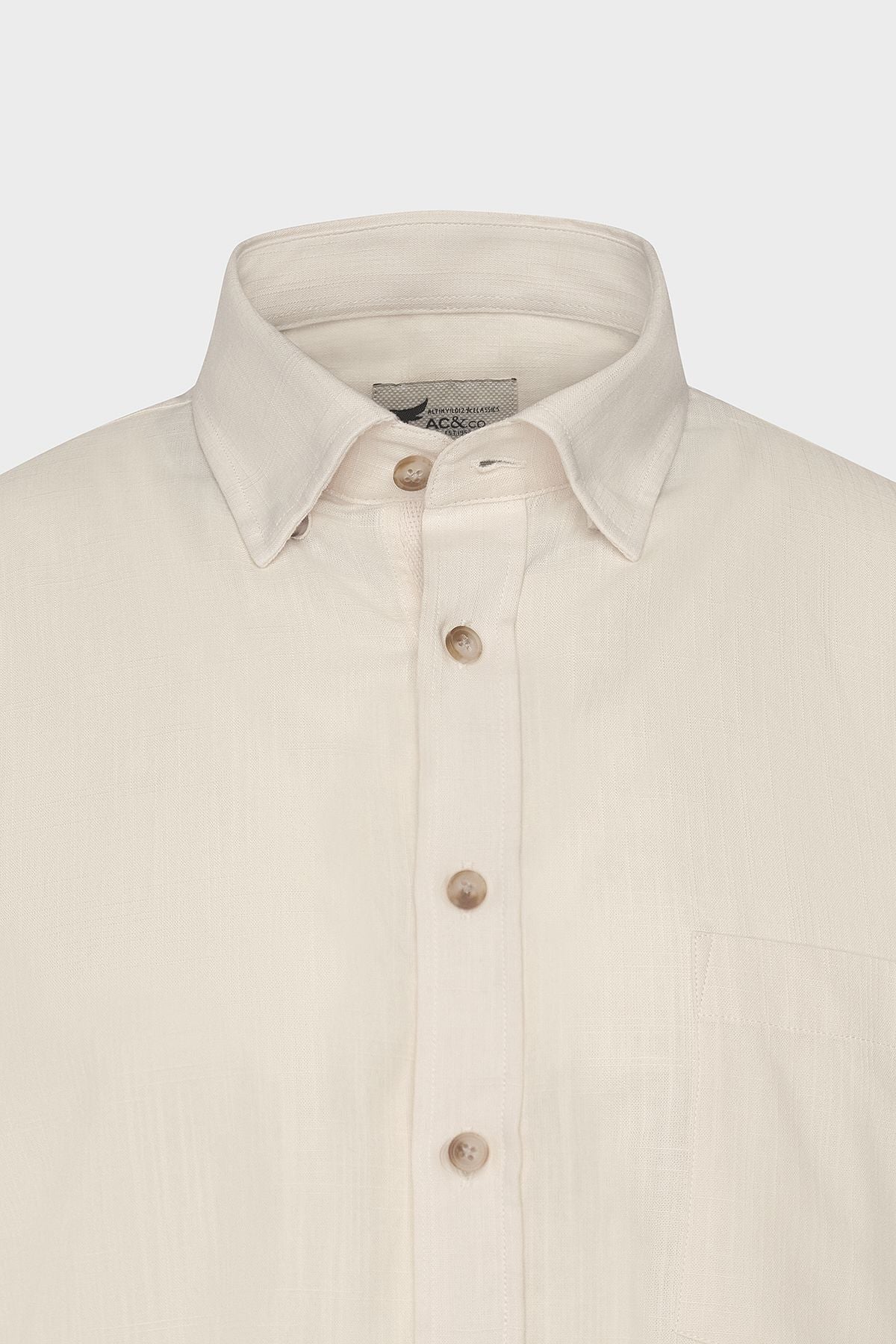 Men's Beige Comfort Fit Casual Cutting Buttoned Neck Linen Looking 100 %Cotton Planned Short Sleeve Shirt