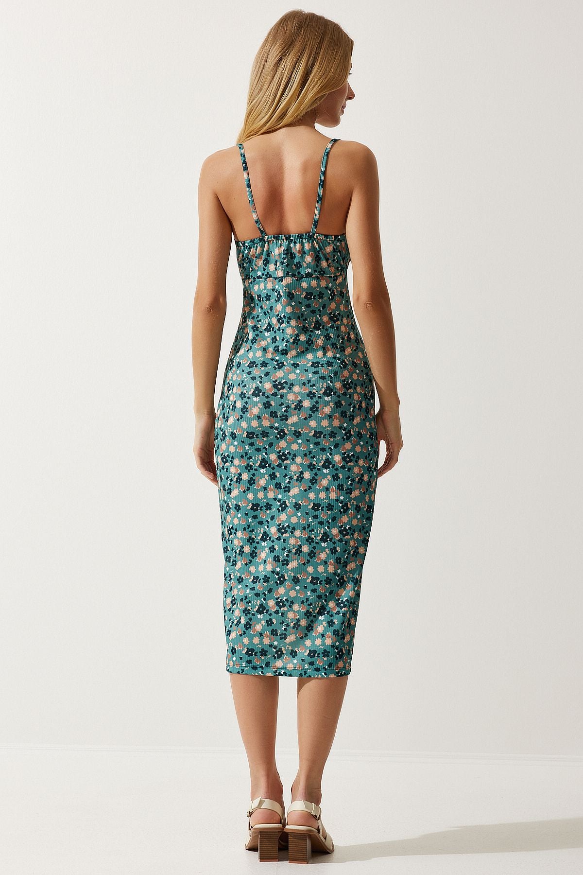 Women's oil green floral slit knitted dress CI00029