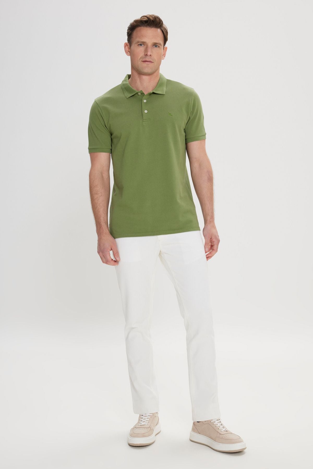 Men's green slim fit narrow cut polo collar 100 %cotton short sleeve t -shirt