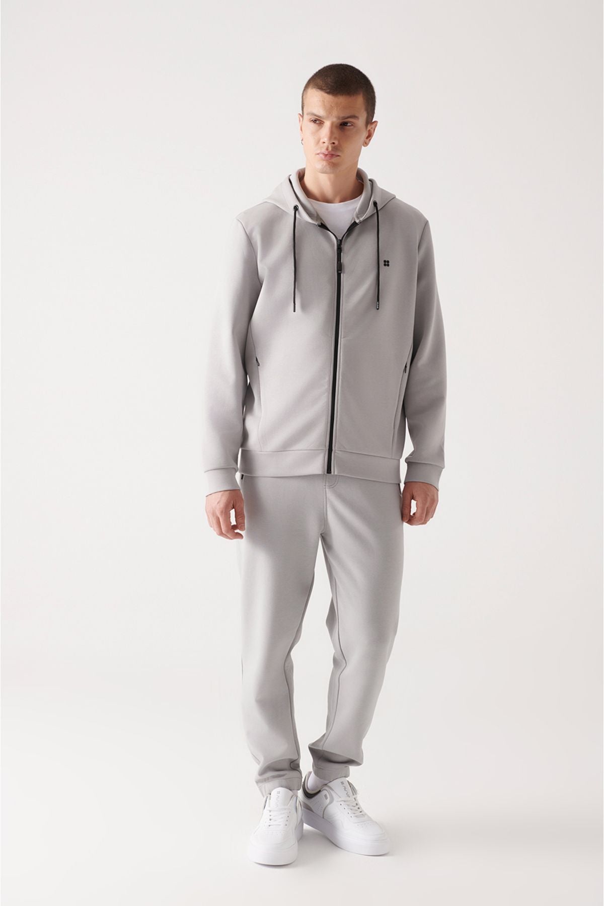 Men's Gray Hooded Interlok Fabric Zippered Sweatshirt B001102