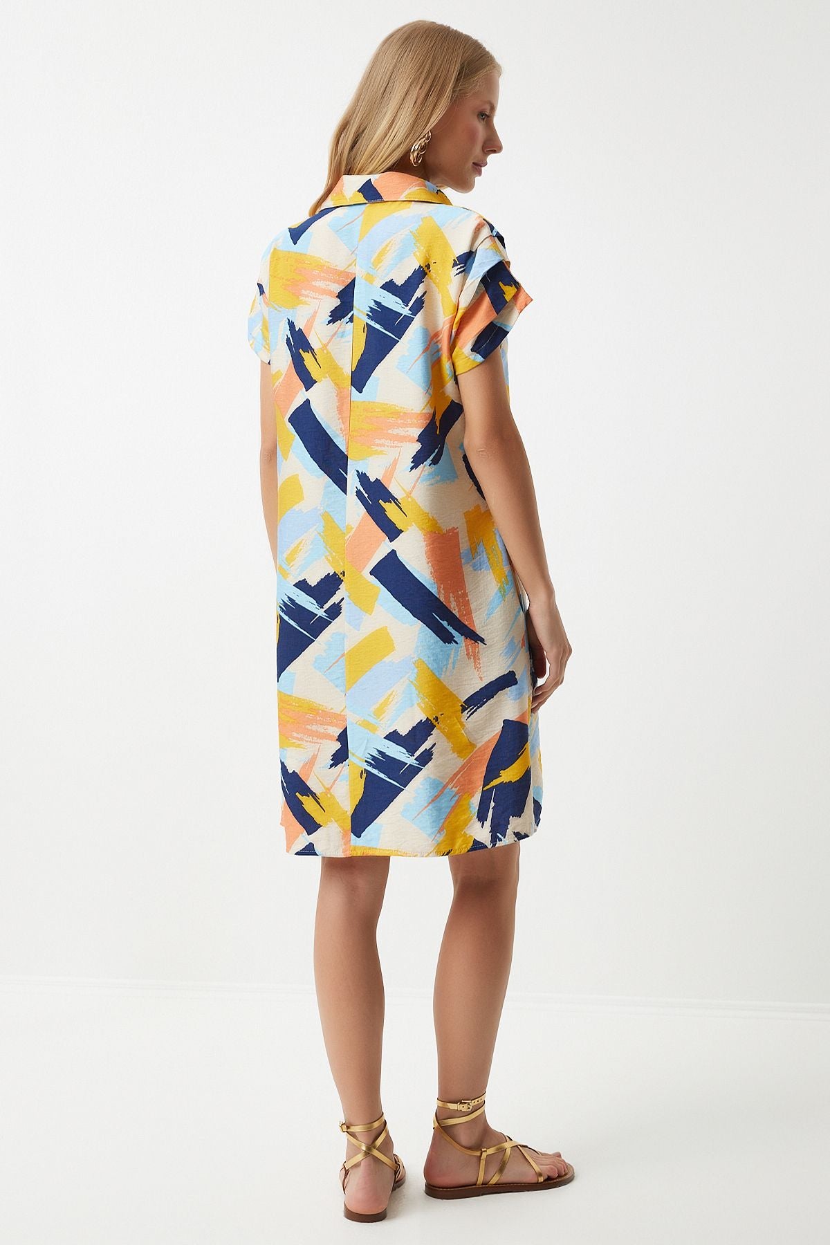 Woman Yellow Blue Polo Yaka Patterned Summer Dress of00001