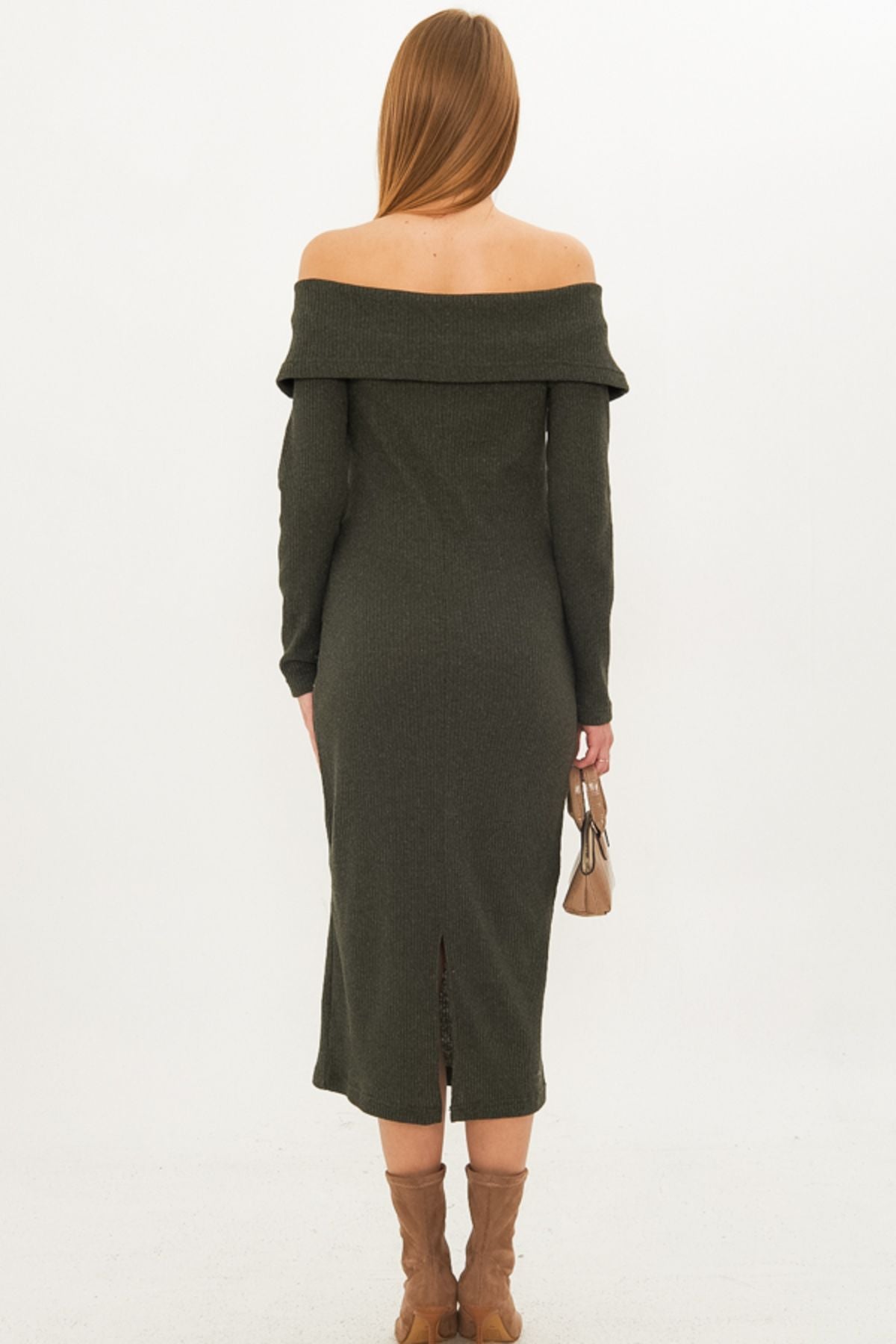 Woman Khaki low shoulder front zipper slit midi triko dress ARM-25K001089