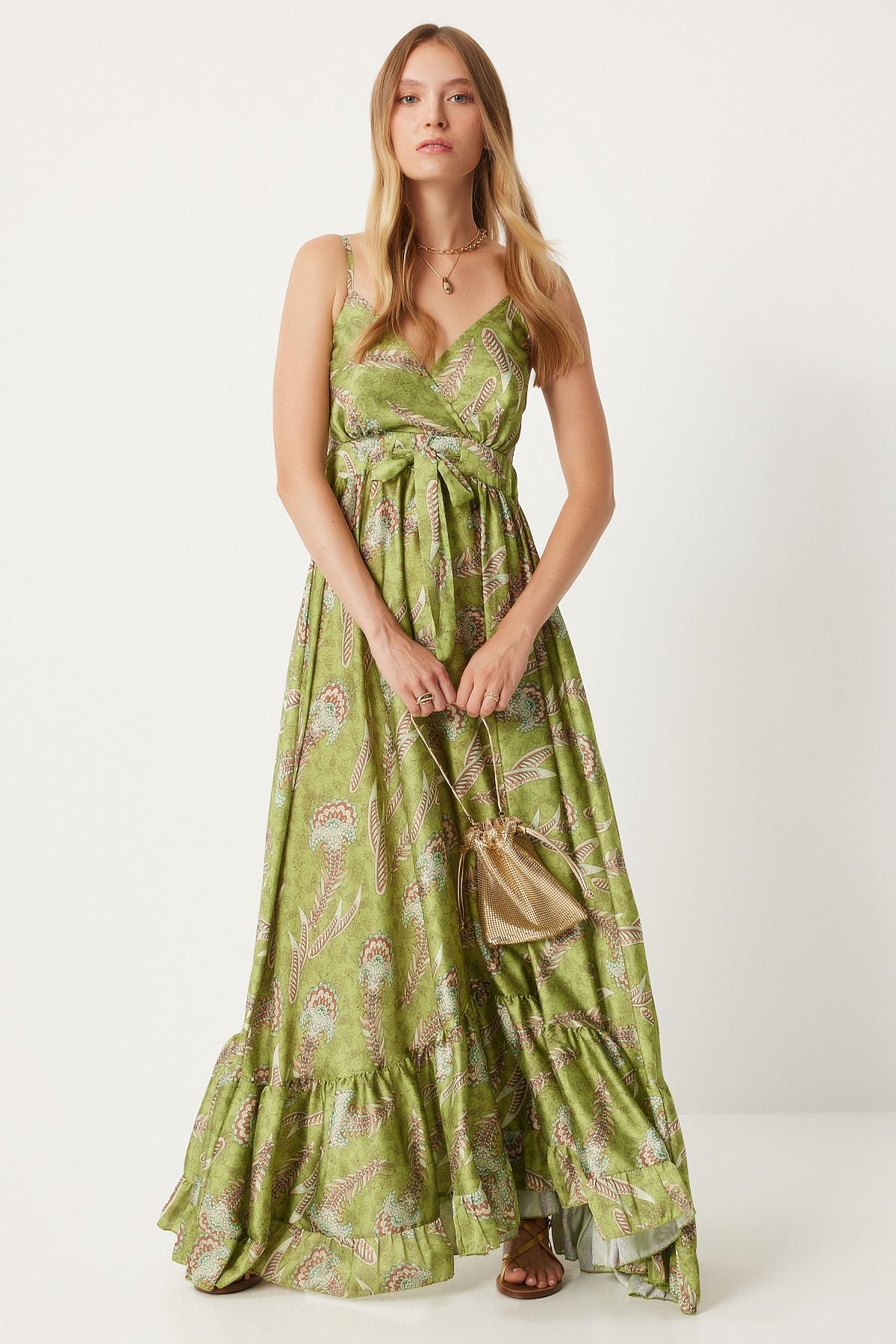 Women's Fat Green Patterned Satin Surface Summer Dress DP00208