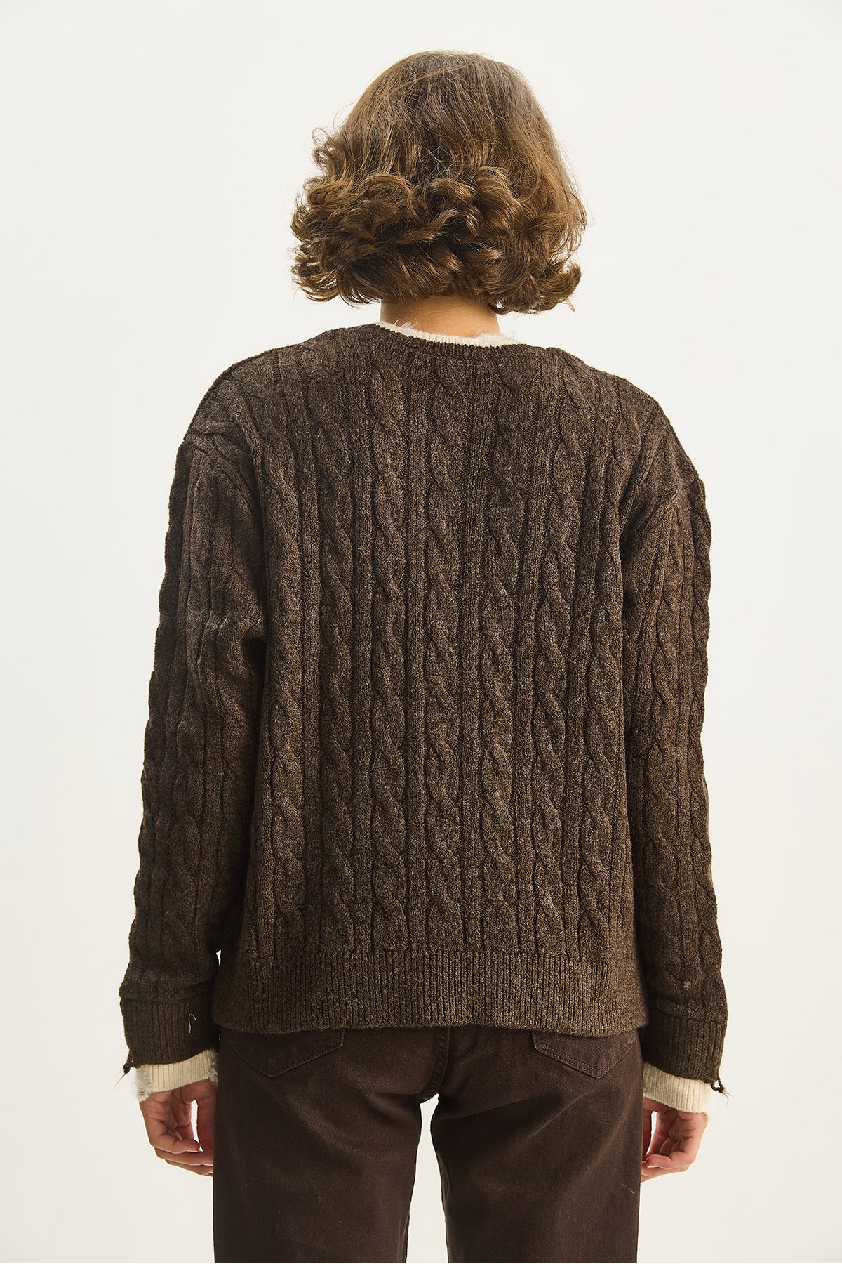 Women's Crew Neck Hair Braid Patterned Ripped Cuff Detailed Knitwear Sweater TK251087 60283599