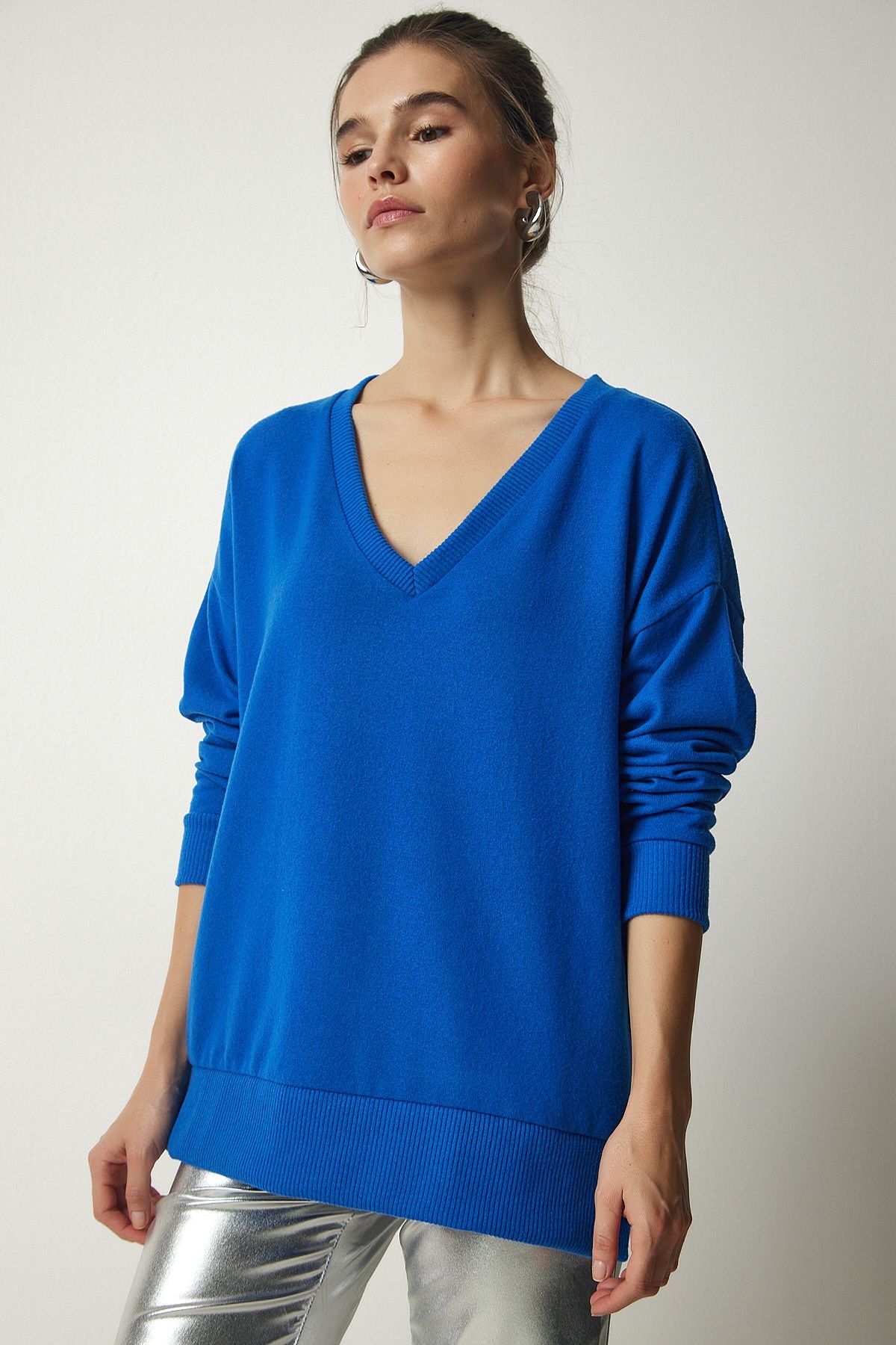 Woman Cobalt Blue V Yaka Yumoş Knitting Sweater UB00197