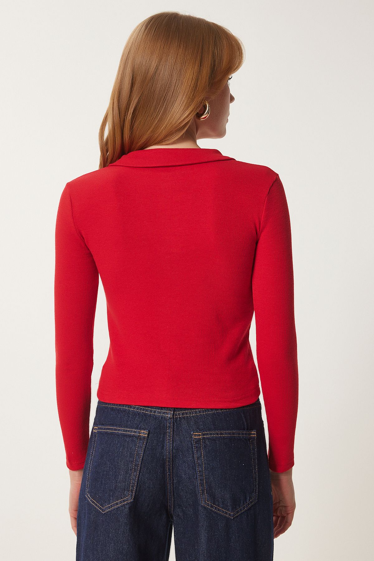 Woman Red Polo Yaka Retli Knitting Blouse GT00111