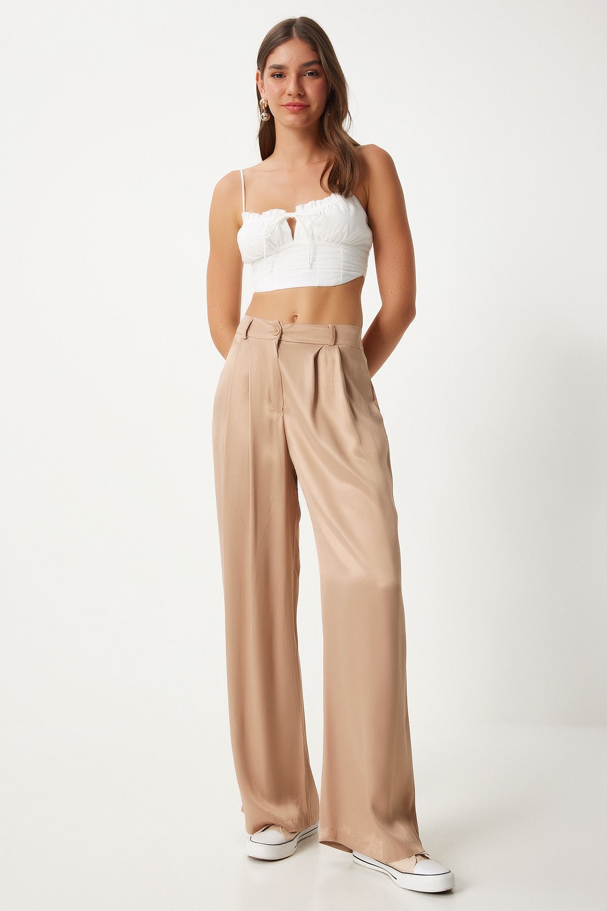 Female Beige Satin Surface Palazzo Pants FN03270