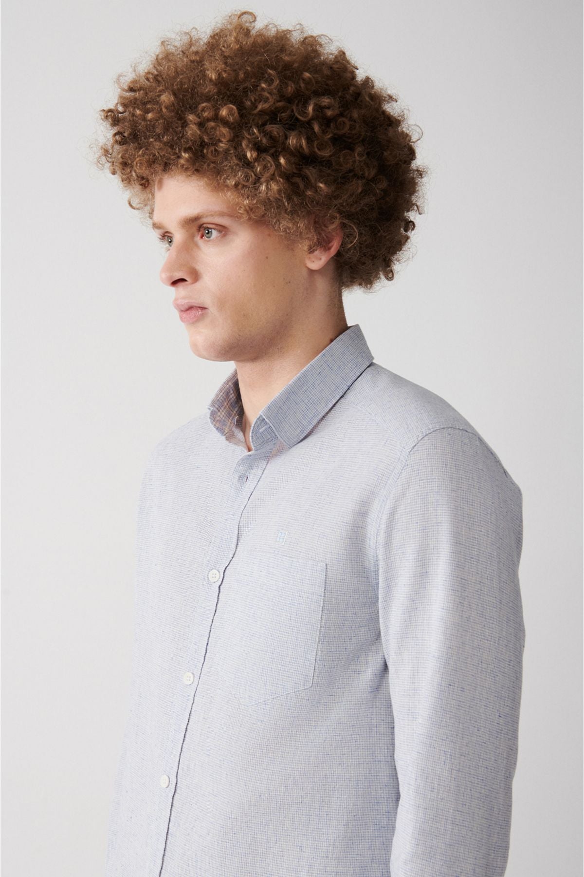 Men's blue cotton linen buttoned collar shirt A31Y2082