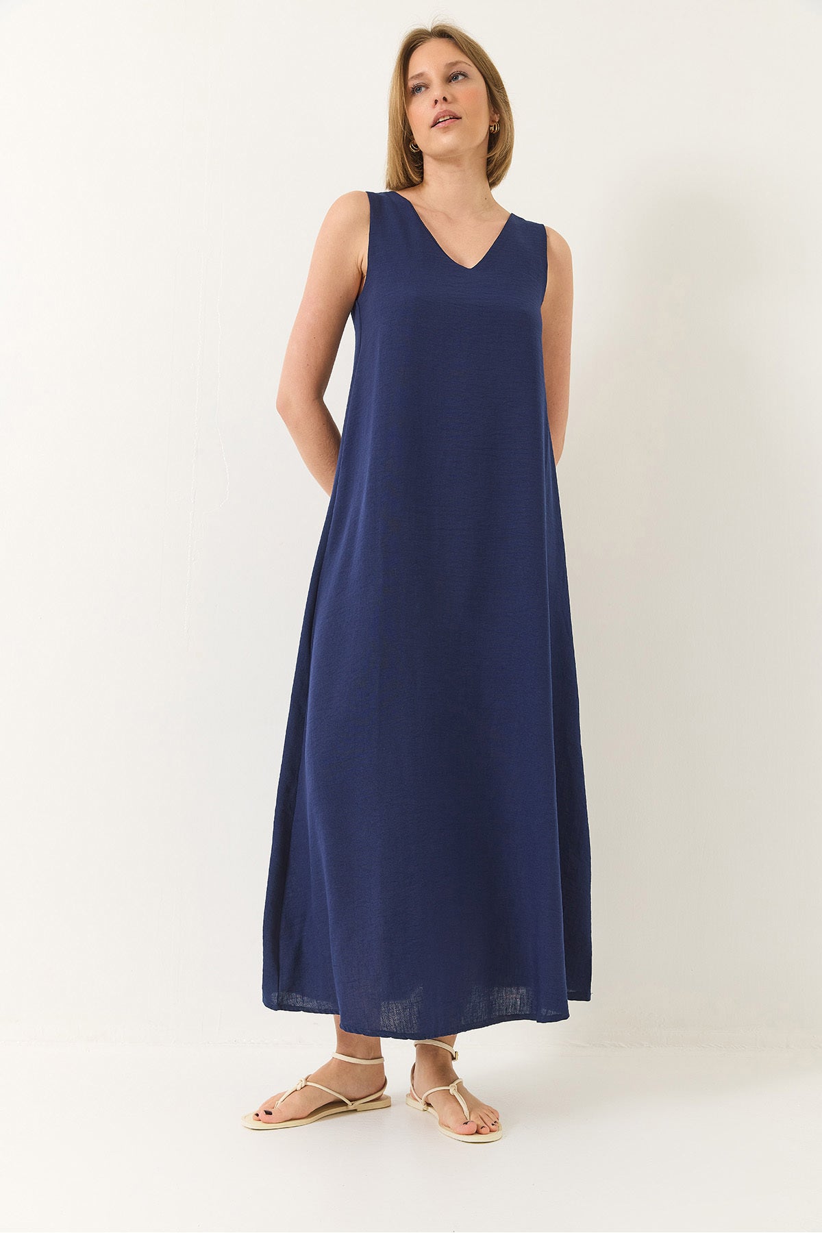 Women's V-neck Thick Strap Long Linen Dress 442 60283172