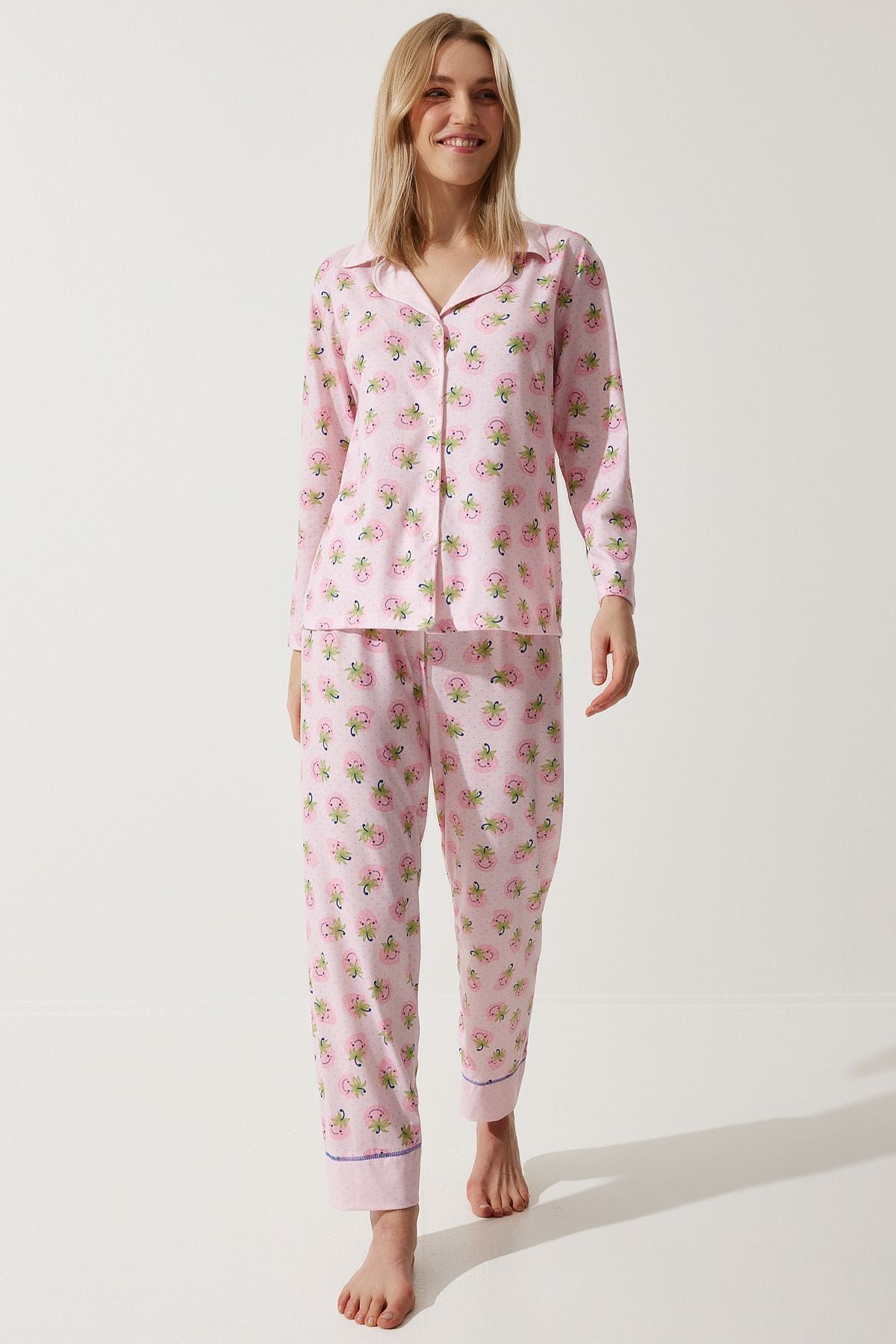 Woman Pink Patterned Shirt-Pantolone Knitting Pajama Set TK00092