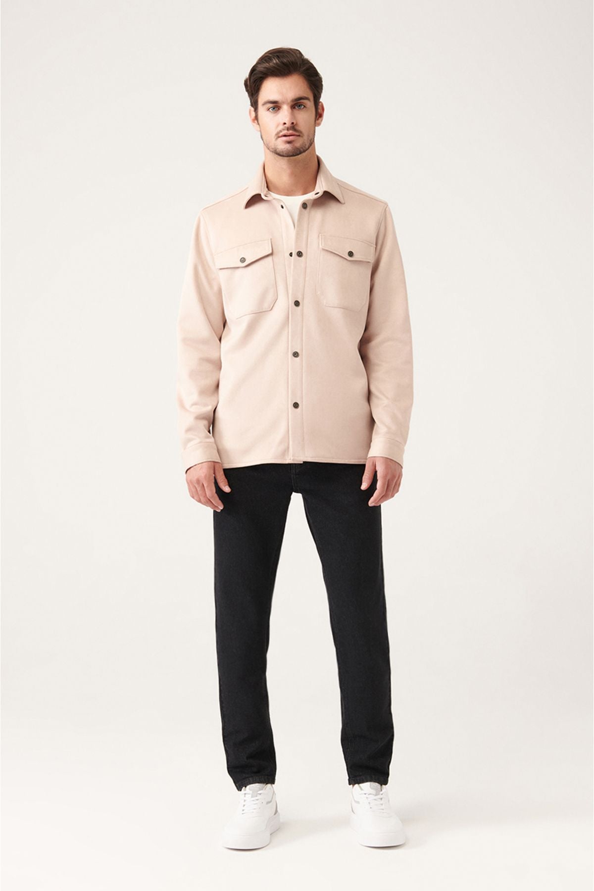 Men's Beige Classic Neck Suez Tissue Shirt with Skıçıt A31y2013