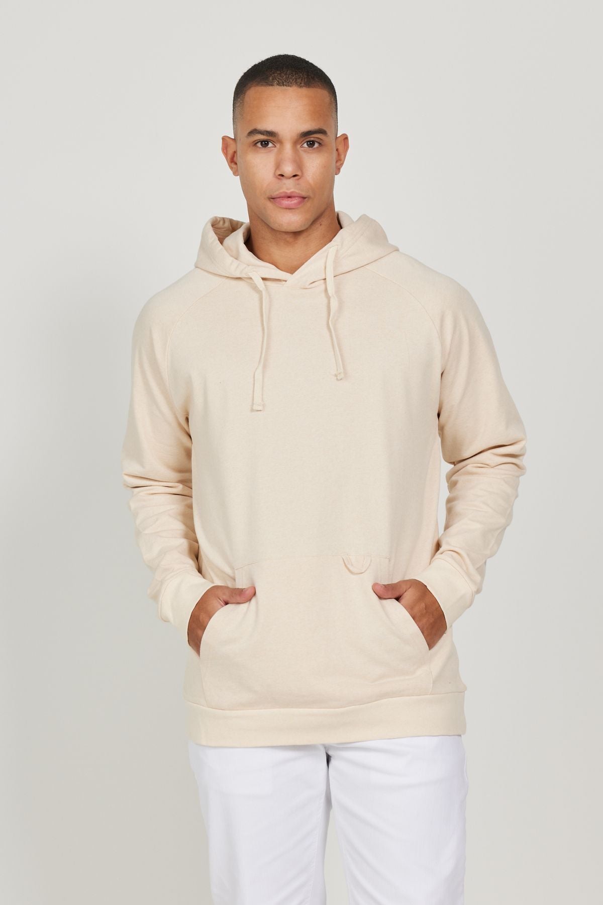 Men's Beige 100 %Cotton Standard Fit Normal Cutting Hooded Long Sleeve Sweatshirt