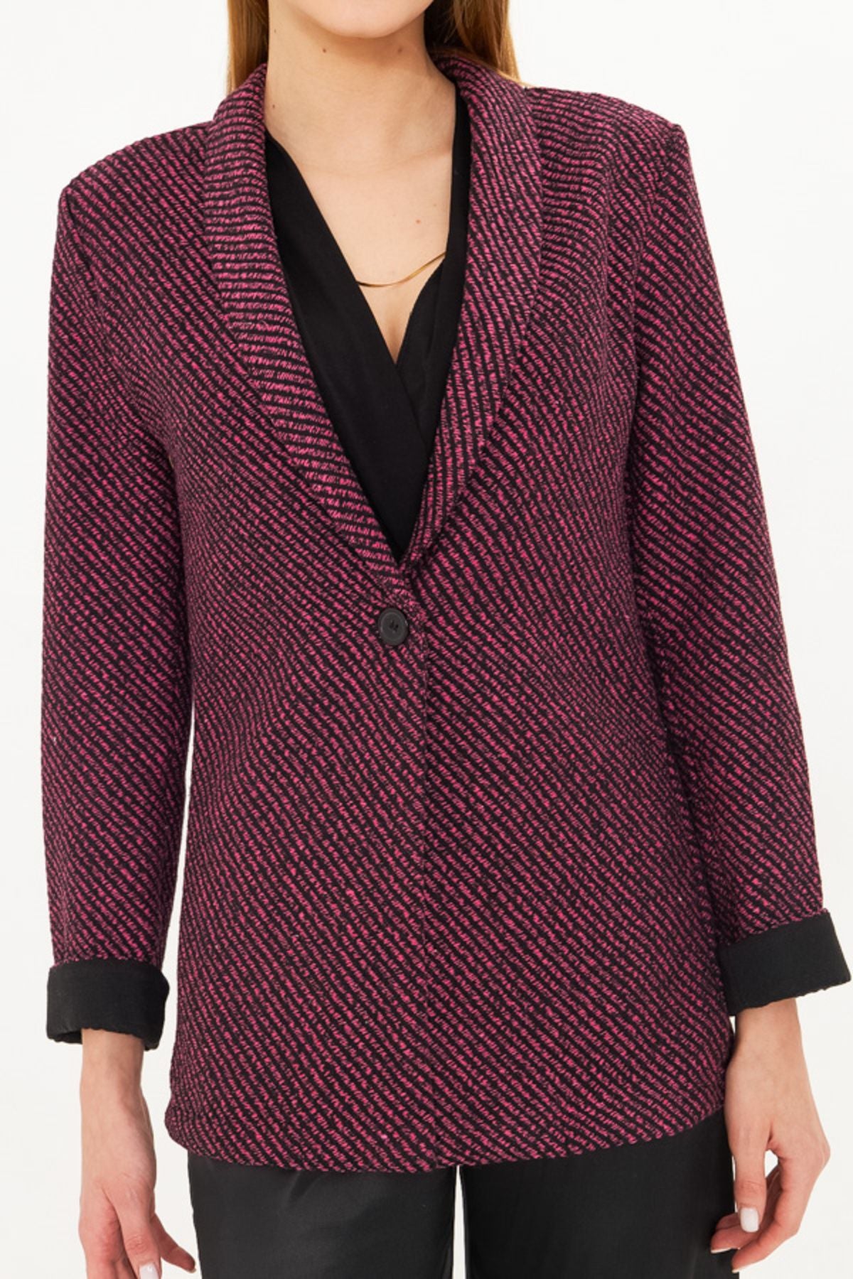 Women's Fuchsia striped arm folded single button stamp jacket ARM-25K001106